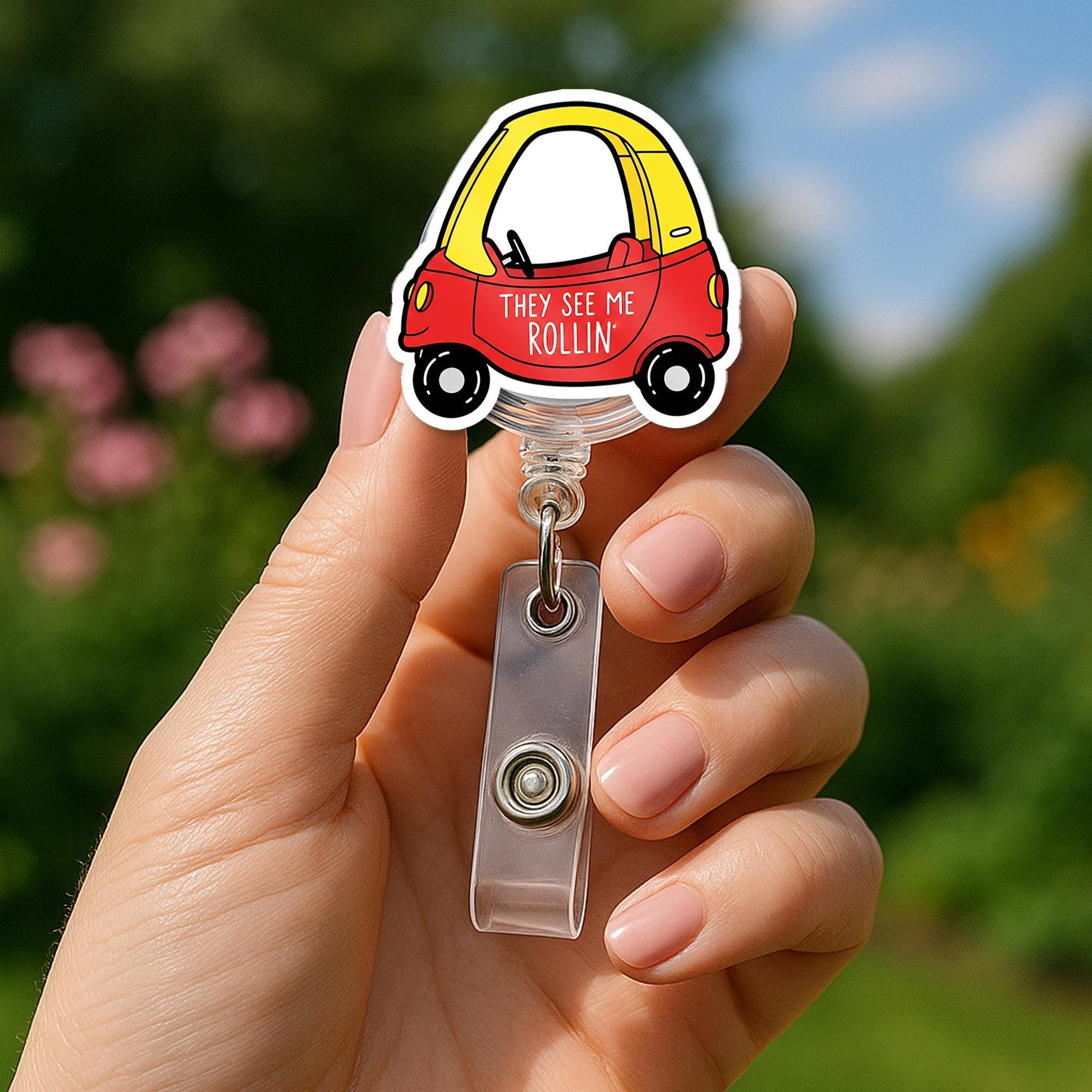 Funny Car Badge Reel – “They See Me Rollin’” Retro Toy Car ID Holder, Cute Accessory for Teachers, Nurses & Staff, Educators Badge Clip