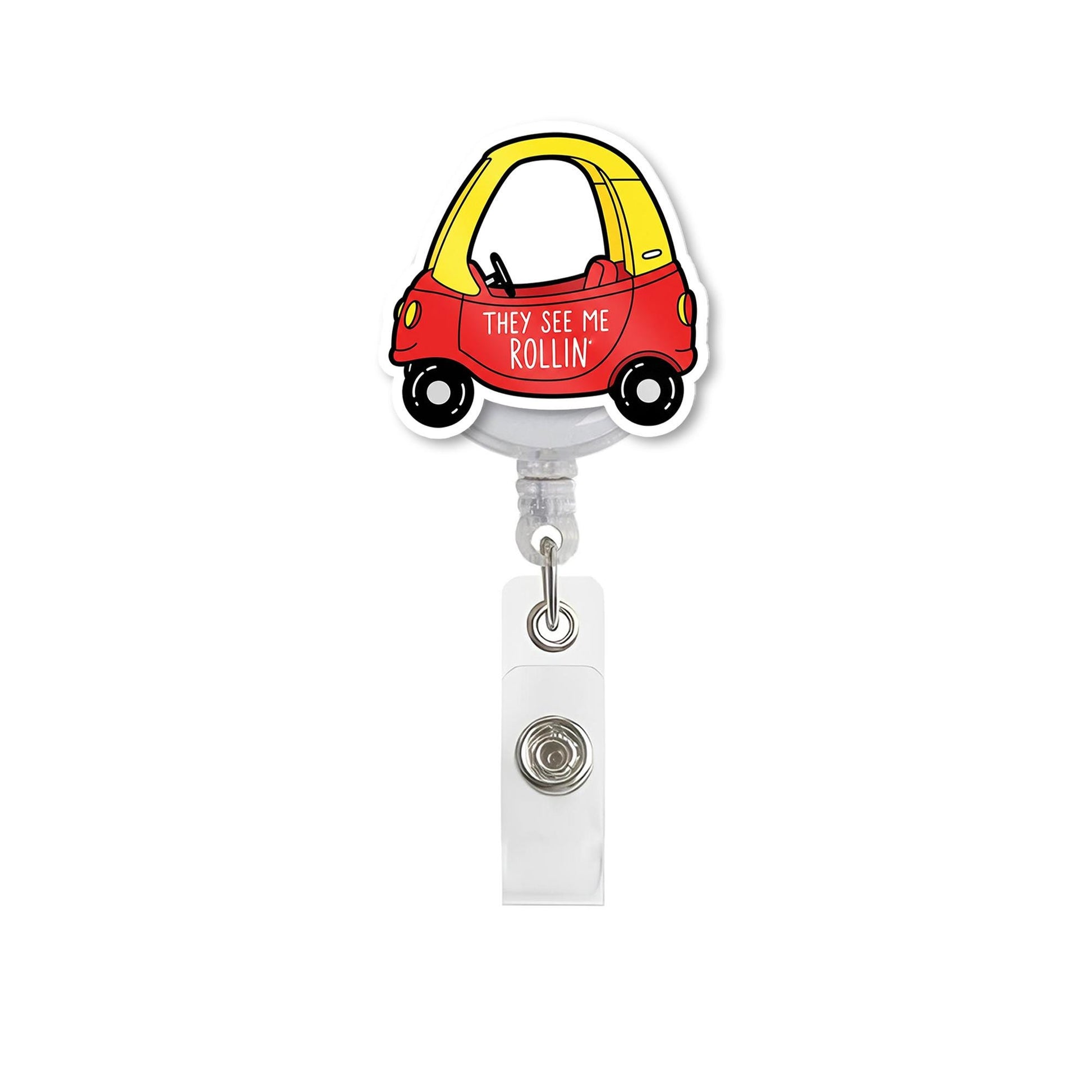 Funny Car Badge Reel – “They See Me Rollin’” Retro Toy Car ID Holder, Cute Accessory for Teachers, Nurses & Staff, Educators Badge Clip