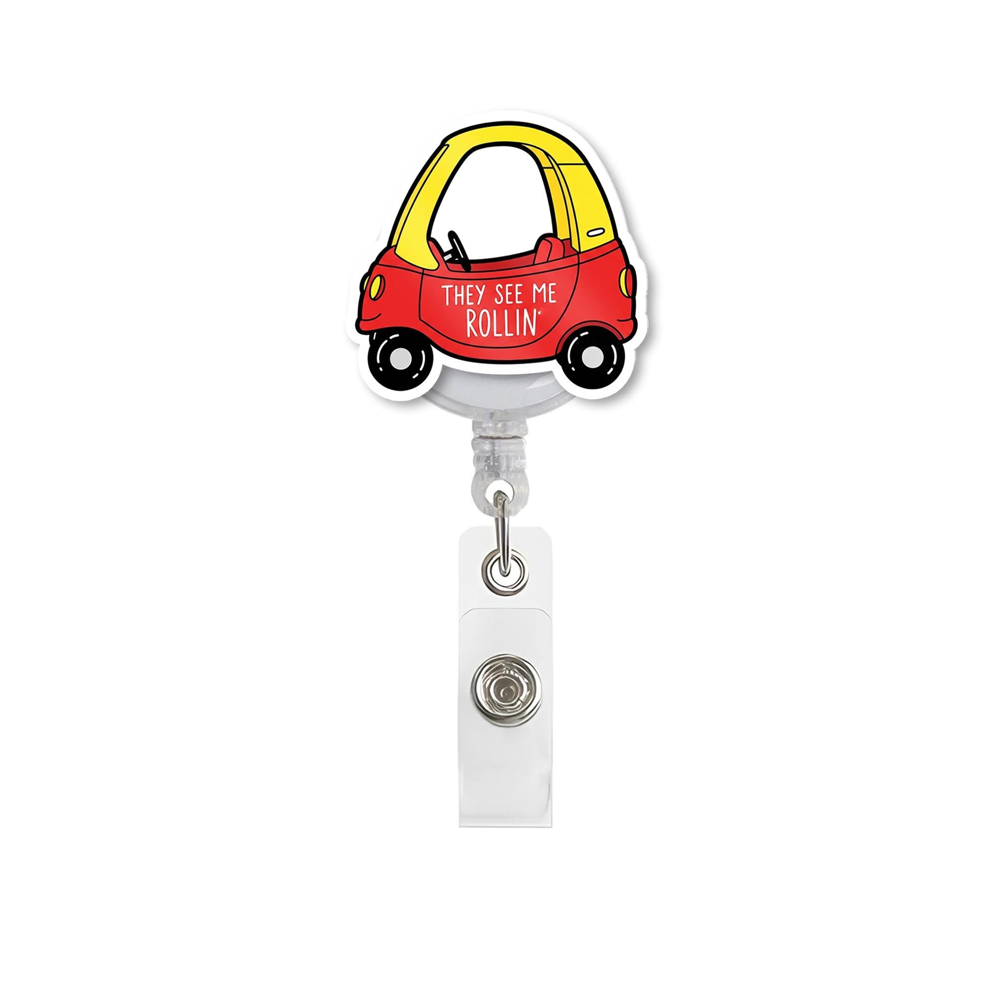 Funny Car Badge Reel – “They See Me Rollin’” Retro Toy Car ID Holder, Cute Accessory for Teachers, Nurses & Staff, Educators Badge Clip