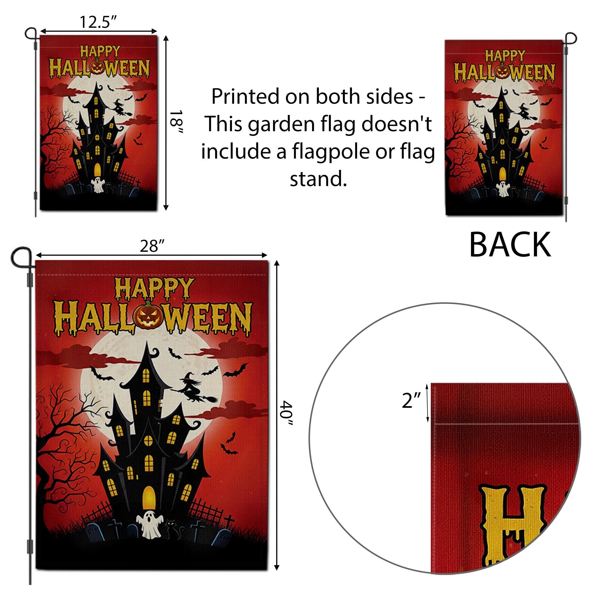 Happy Halloween Garden Flag, Haunted House Spooky Decor, Witch & Bats Yard Banner, Full Moon Outdoor Flag