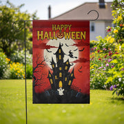 Happy Halloween Garden Flag, Haunted House Spooky Decor, Witch & Bats Yard Banner, Full Moon Outdoor Flag