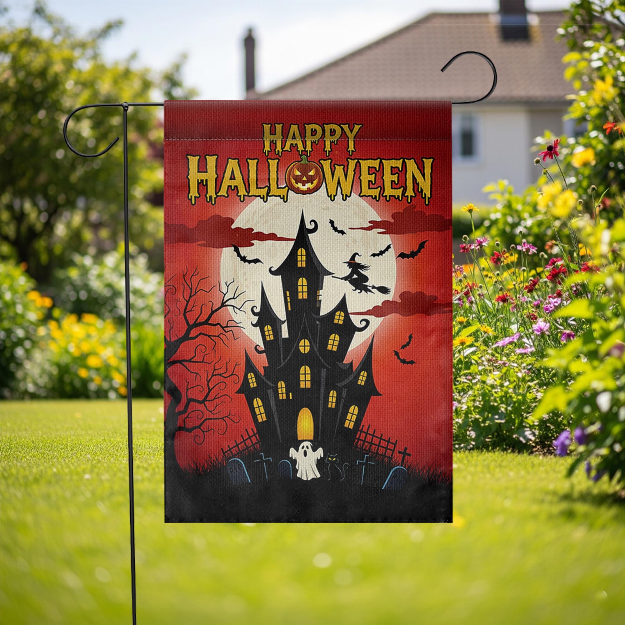 Happy Halloween Garden Flag, Haunted House Spooky Decor, Witch & Bats Yard Banner, Full Moon Outdoor Flag