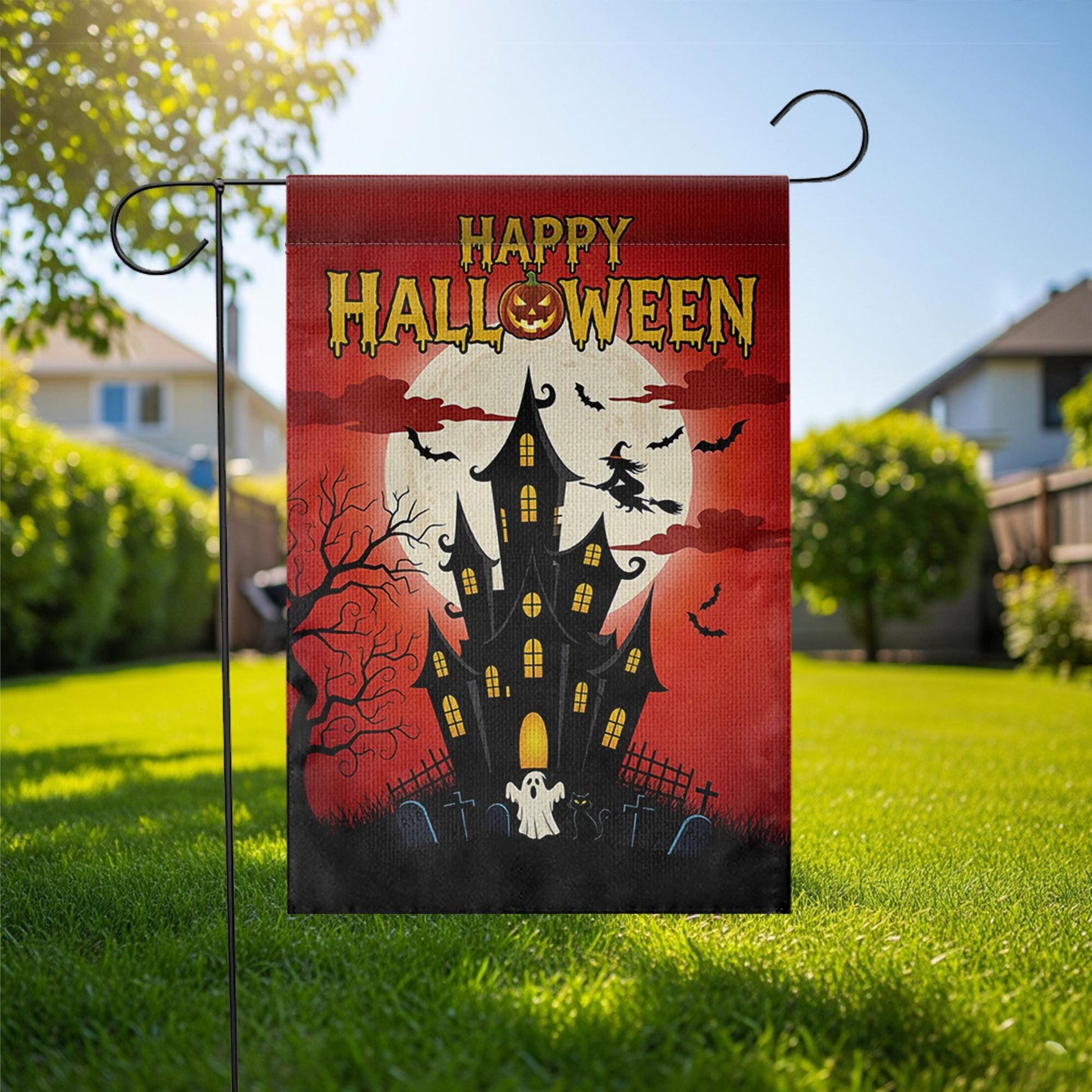 Happy Halloween Garden Flag, Haunted House Spooky Decor, Witch & Bats Yard Banner, Full Moon Outdoor Flag