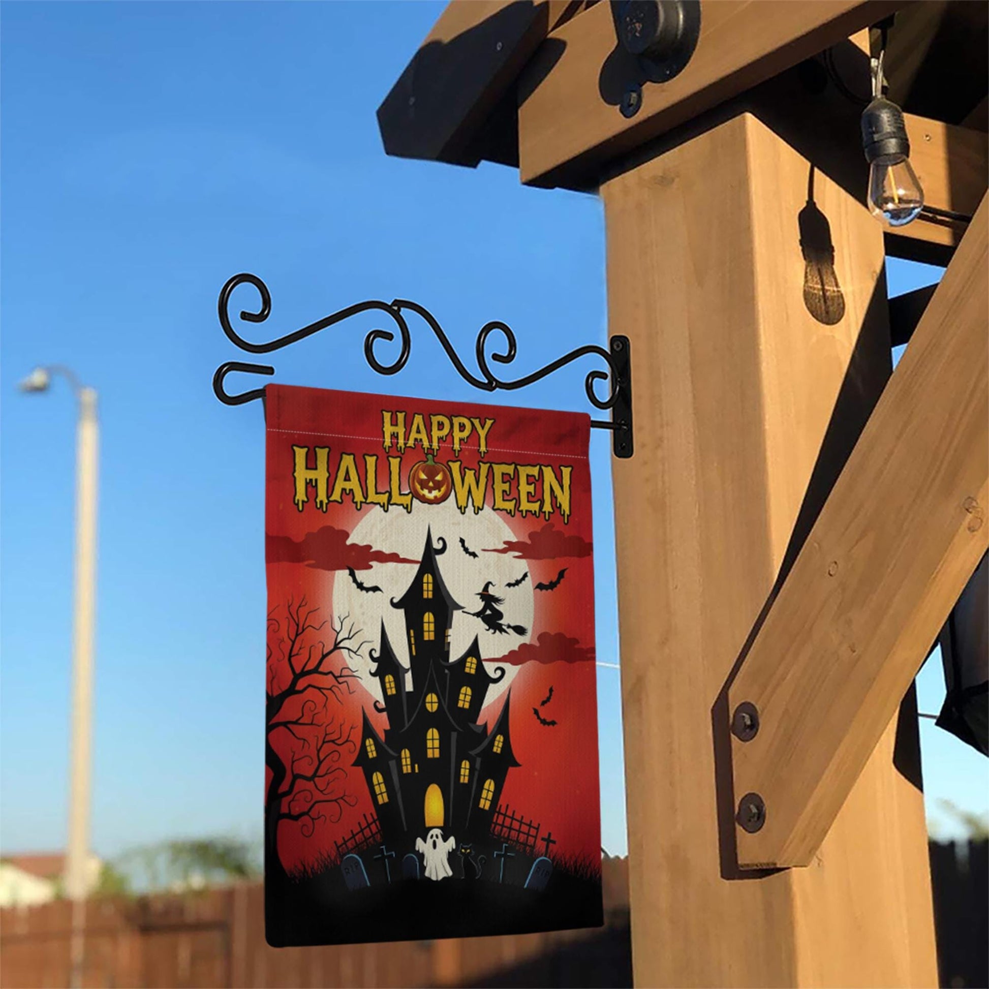 Happy Halloween Garden Flag, Haunted House Spooky Decor, Witch & Bats Yard Banner, Full Moon Outdoor Flag