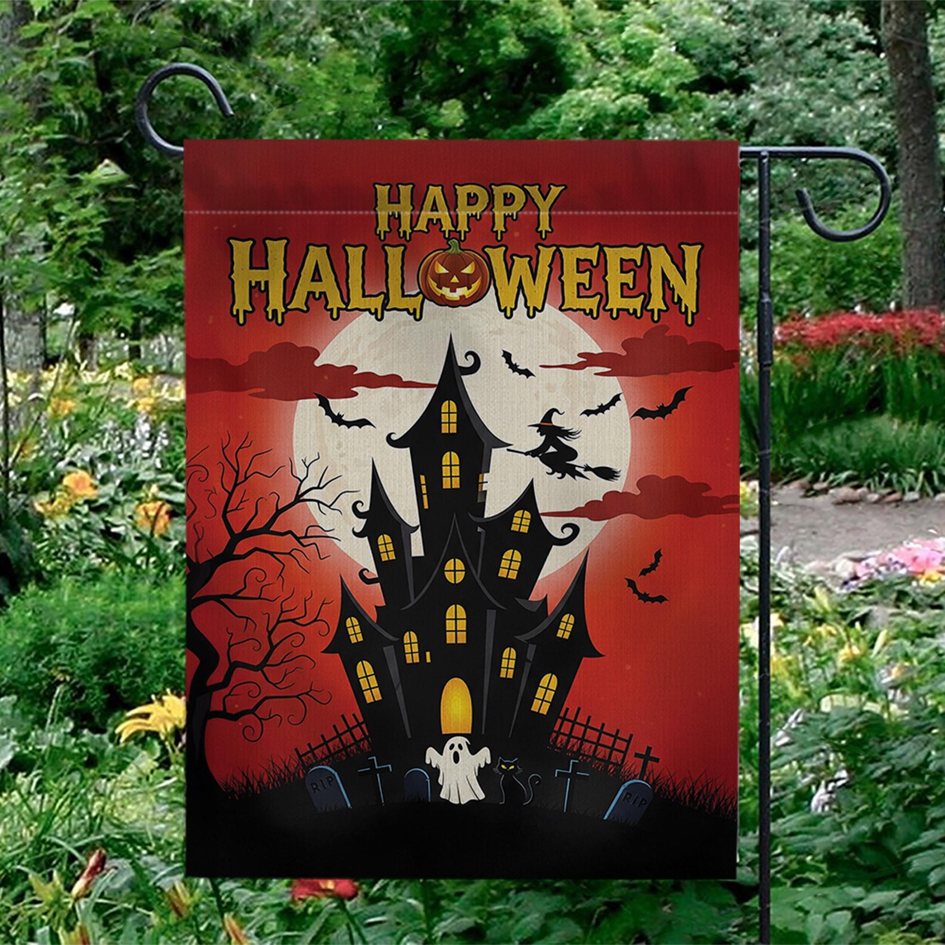 Happy Halloween Garden Flag, Haunted House Spooky Decor, Witch & Bats Yard Banner, Full Moon Outdoor Flag