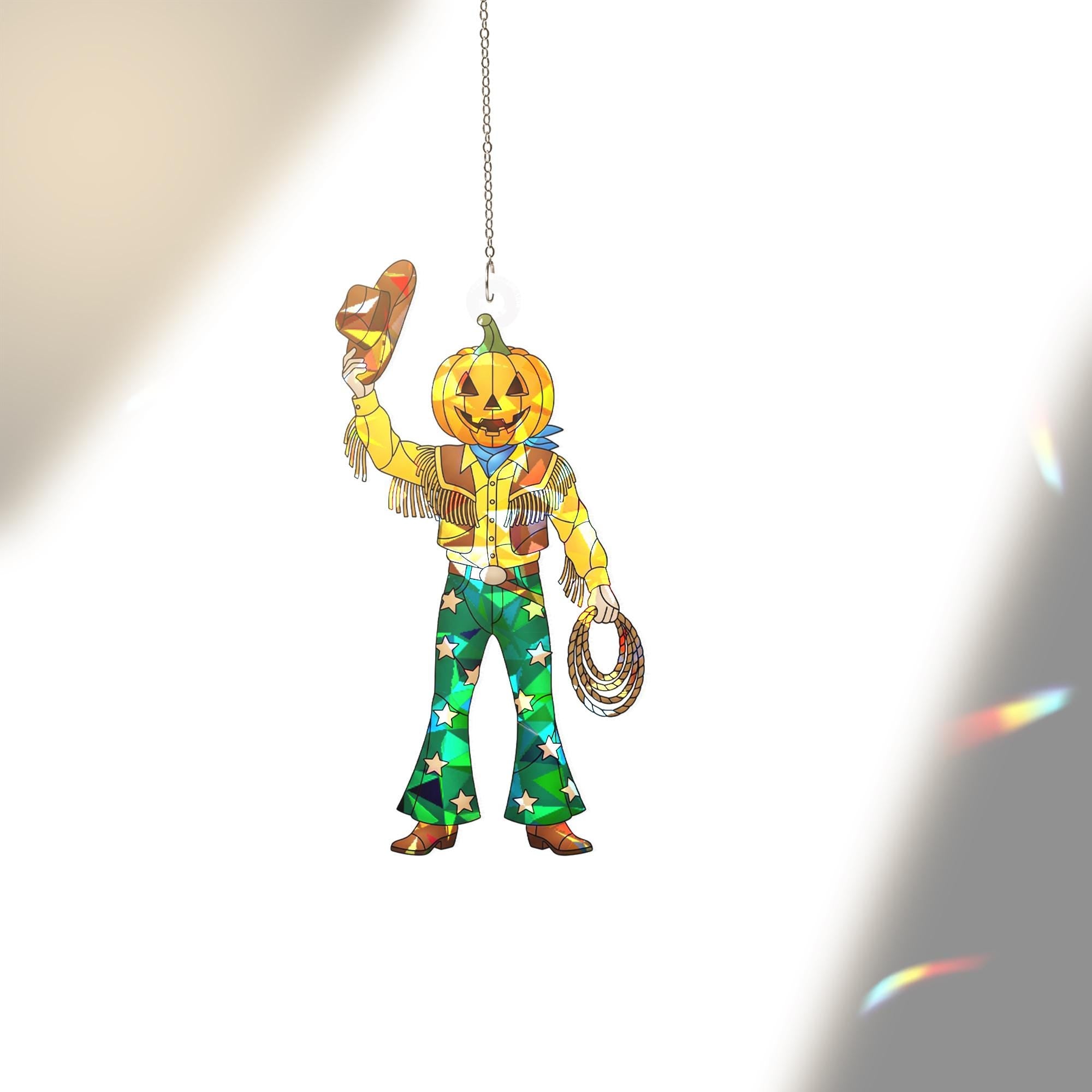 Retro Cowboy Pumpkin Suncatcher, Holographic Halloween Window Hanging, Fall Western Jack O Lantern Decor, Boho Pumpkin Cowboy Gift