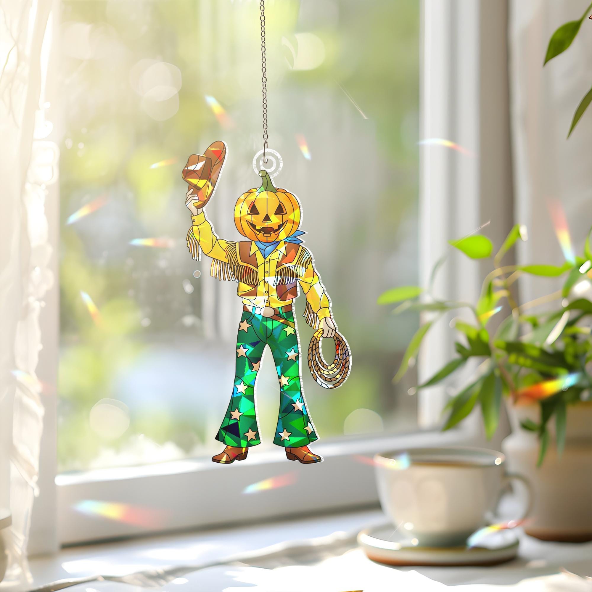 Retro Cowboy Pumpkin Suncatcher, Holographic Halloween Window Hanging, Fall Western Jack O Lantern Decor, Boho Pumpkin Cowboy Gift
