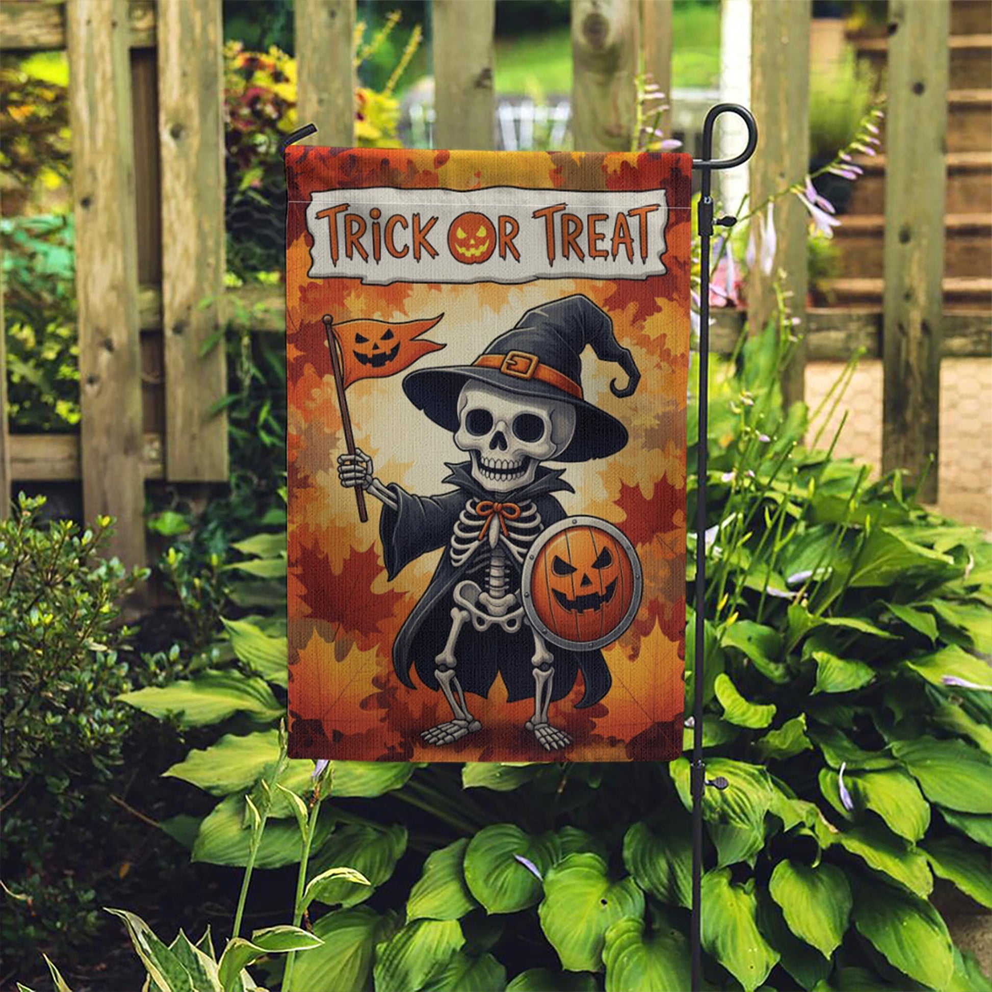 Trick or Treat Skeleton Garden Flag, Halloween Yard Decor, Spooky Fall Banner, Pumpkin Shield Outdoor Flag