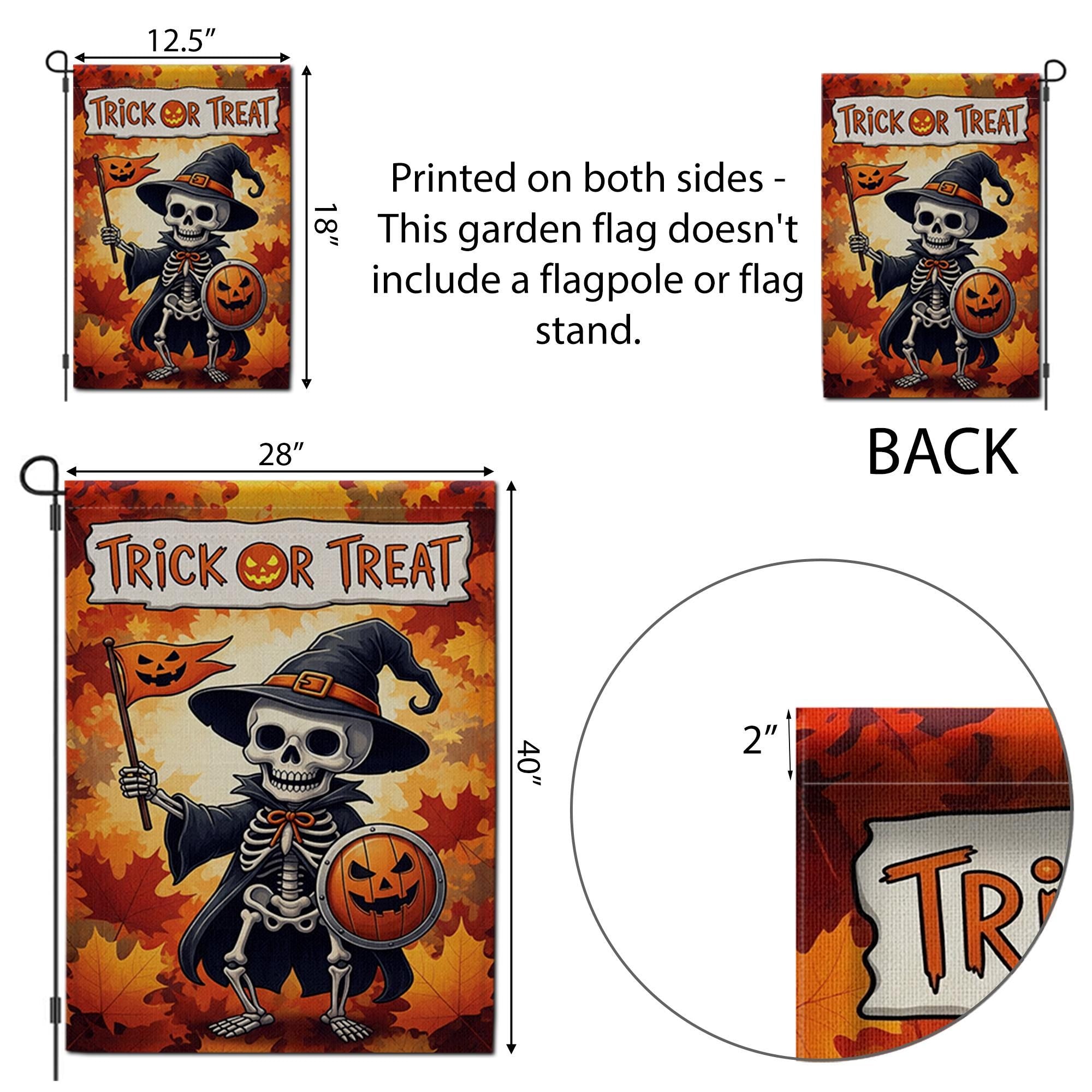 Trick or Treat Skeleton Garden Flag, Halloween Yard Decor, Spooky Fall Banner, Pumpkin Shield Outdoor Flag