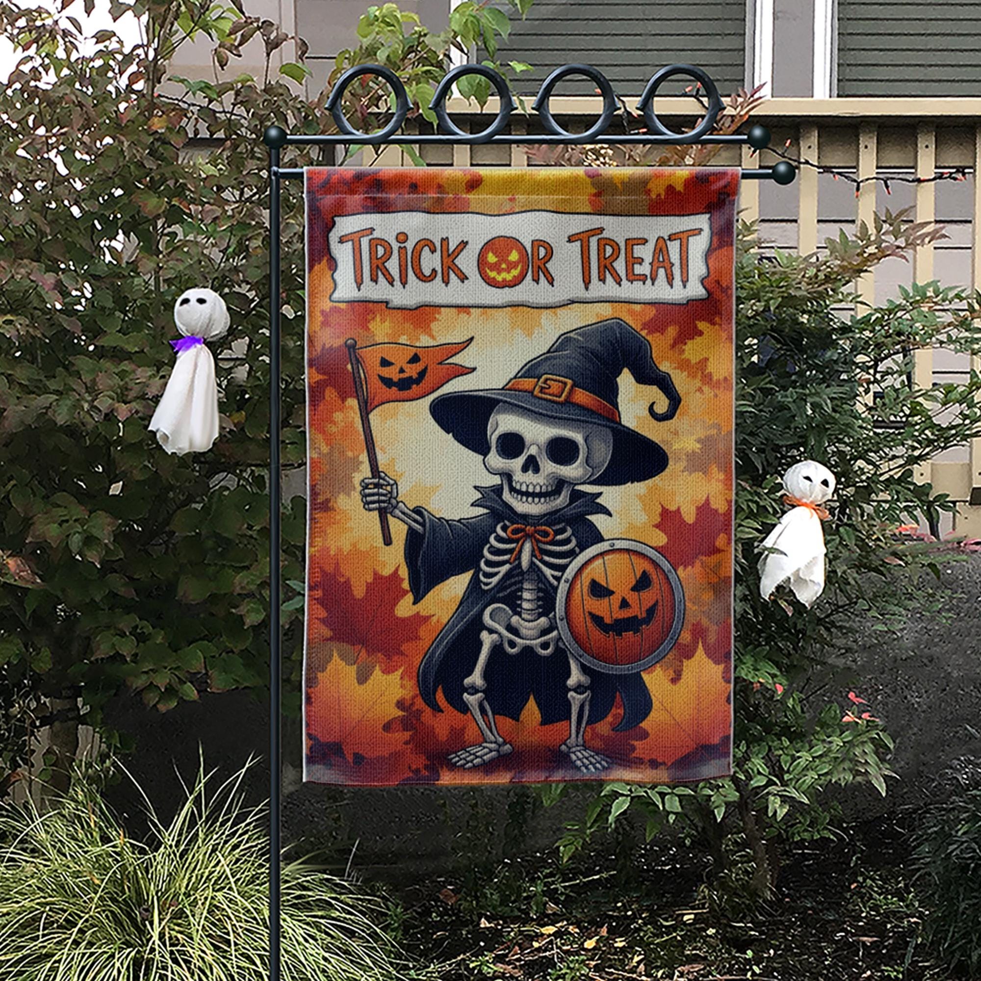 Trick or Treat Skeleton Garden Flag, Halloween Yard Decor, Spooky Fall Banner, Pumpkin Shield Outdoor Flag