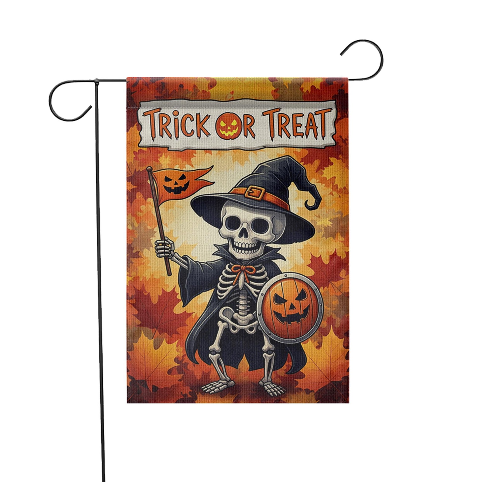 Trick or Treat Skeleton Garden Flag, Halloween Yard Decor, Spooky Fall Banner, Pumpkin Shield Outdoor Flag