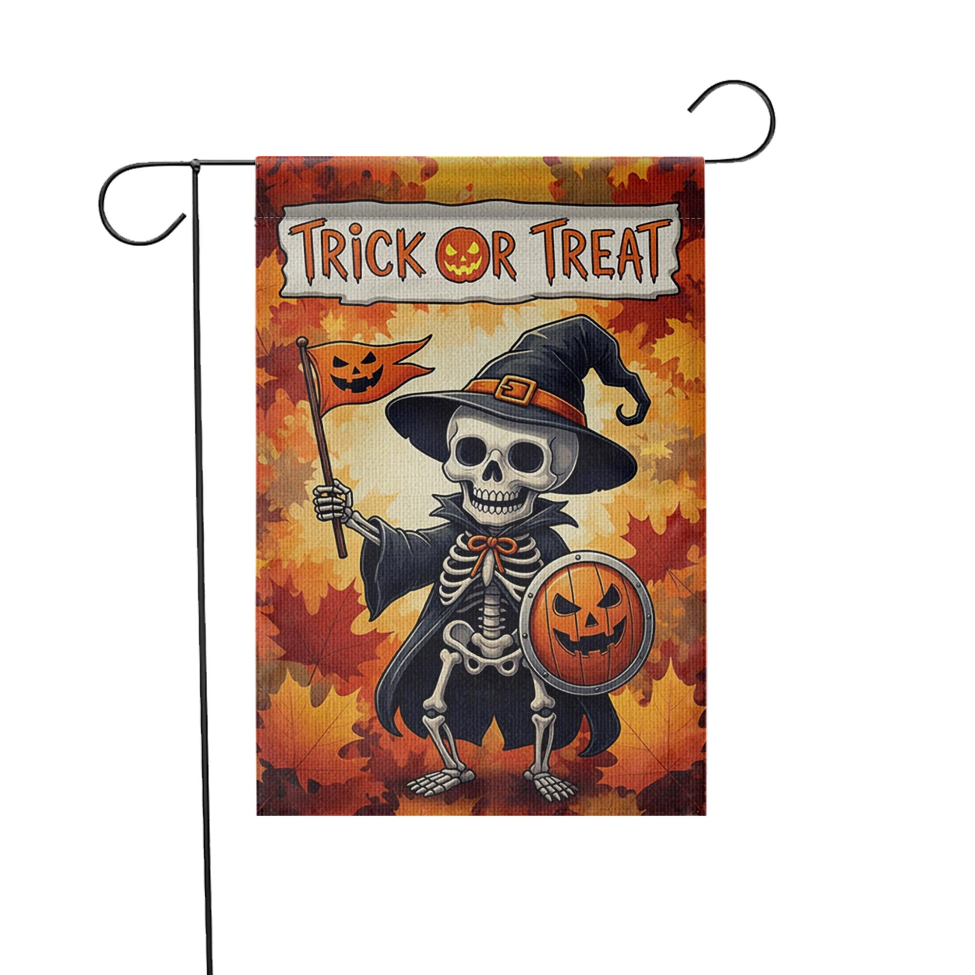 Trick or Treat Skeleton Garden Flag, Halloween Yard Decor, Spooky Fall Banner, Pumpkin Shield Outdoor Flag