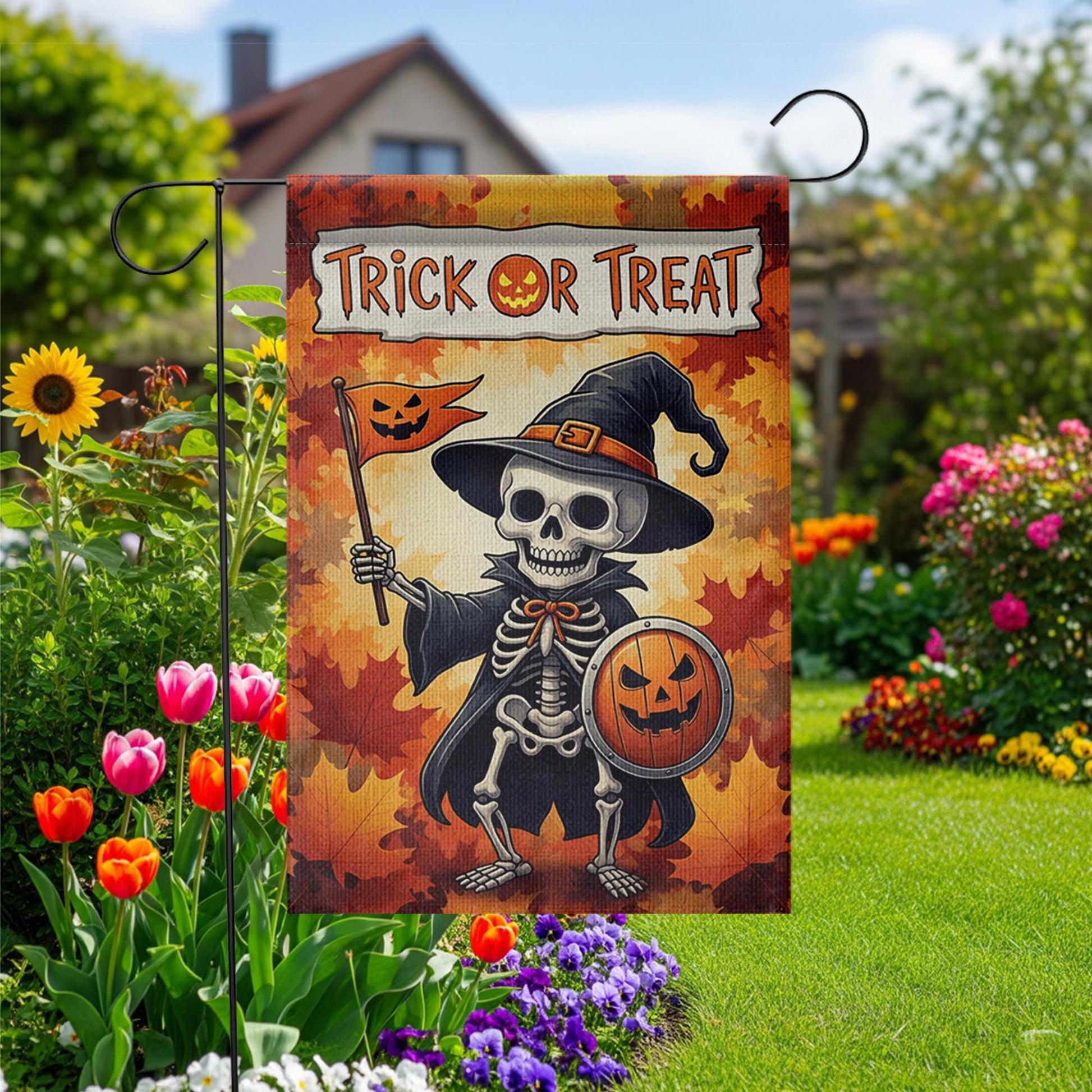 Trick or Treat Skeleton Garden Flag, Halloween Yard Decor, Spooky Fall Banner, Pumpkin Shield Outdoor Flag