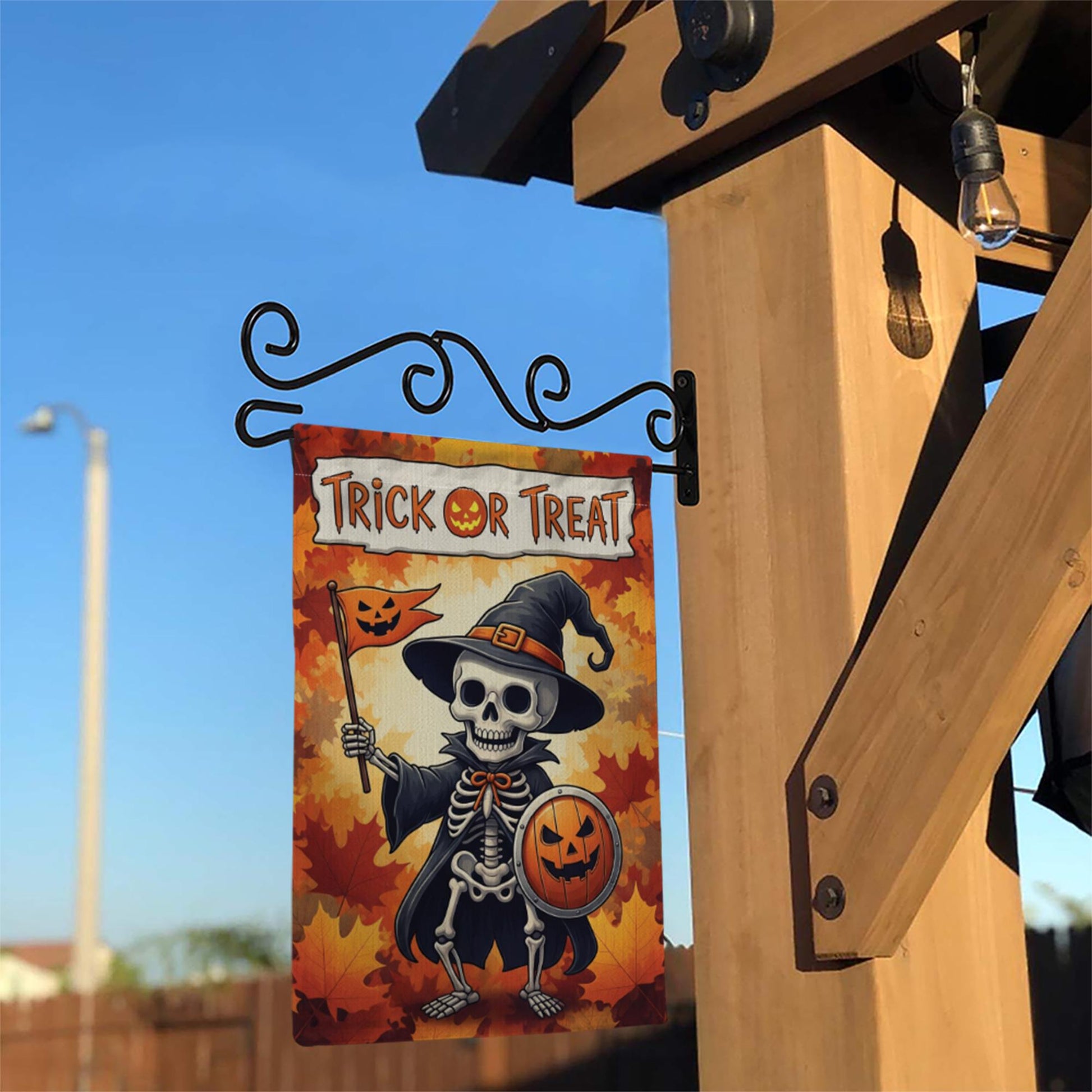 Trick or Treat Skeleton Garden Flag, Halloween Yard Decor, Spooky Fall Banner, Pumpkin Shield Outdoor Flag