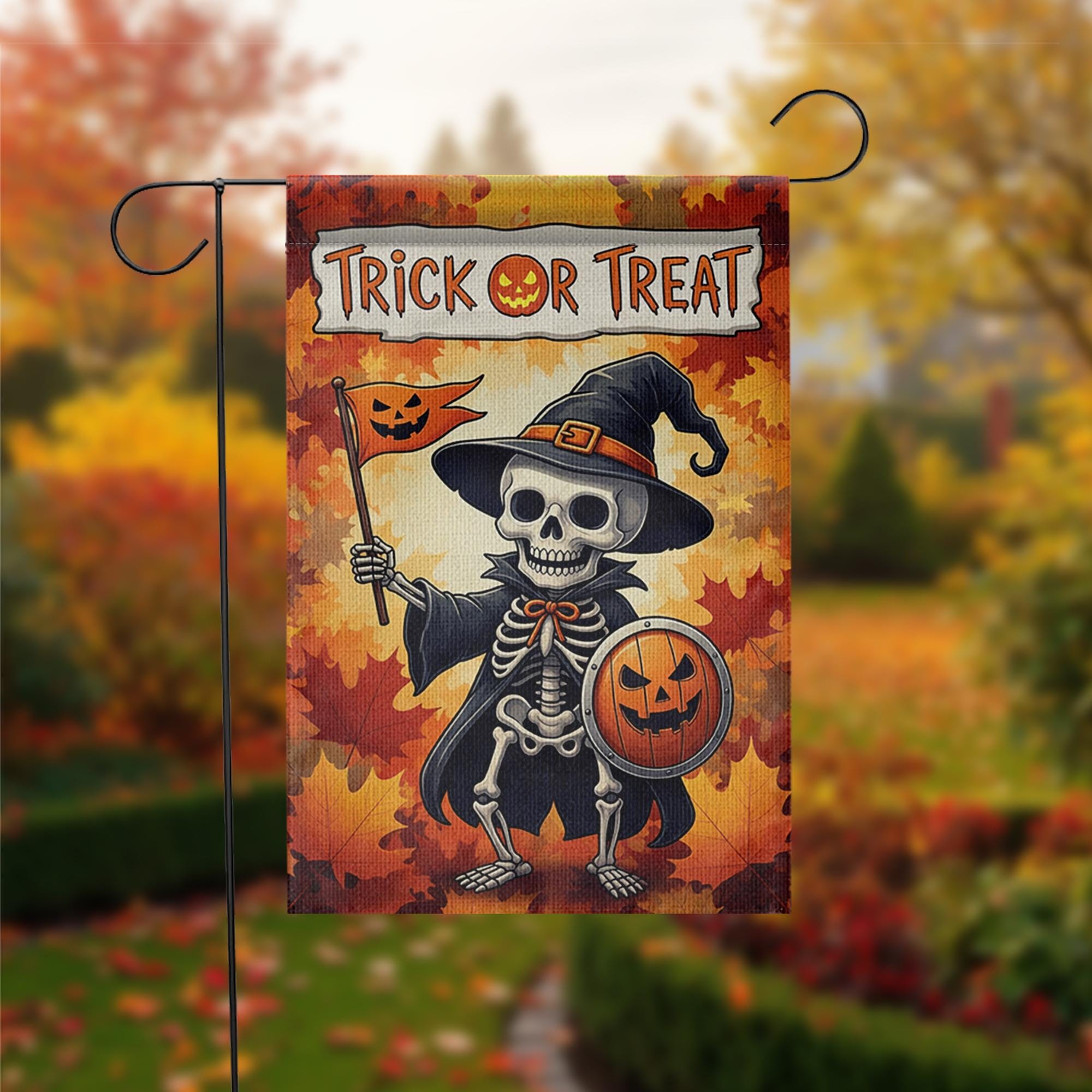 Trick or Treat Skeleton Garden Flag, Halloween Yard Decor, Spooky Fall Banner, Pumpkin Shield Outdoor Flag