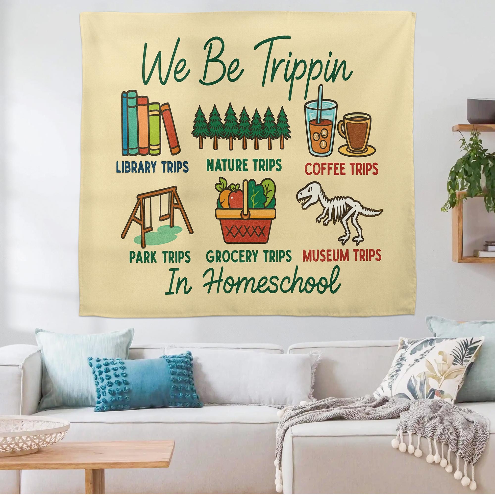 Funny Homeschool Tapestry, We Be Trippin Wall Art, Educational Field Trip Decor, Library Park Coffee School Banner for Home