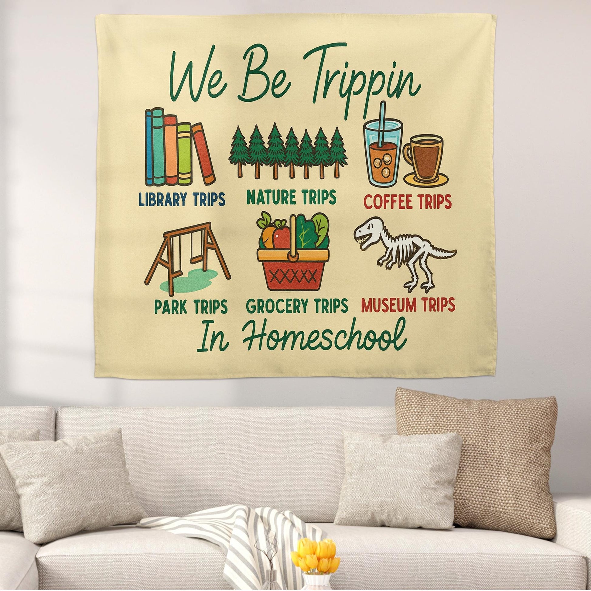 Funny Homeschool Tapestry, We Be Trippin Wall Art, Educational Field Trip Decor, Library Park Coffee School Banner for Home