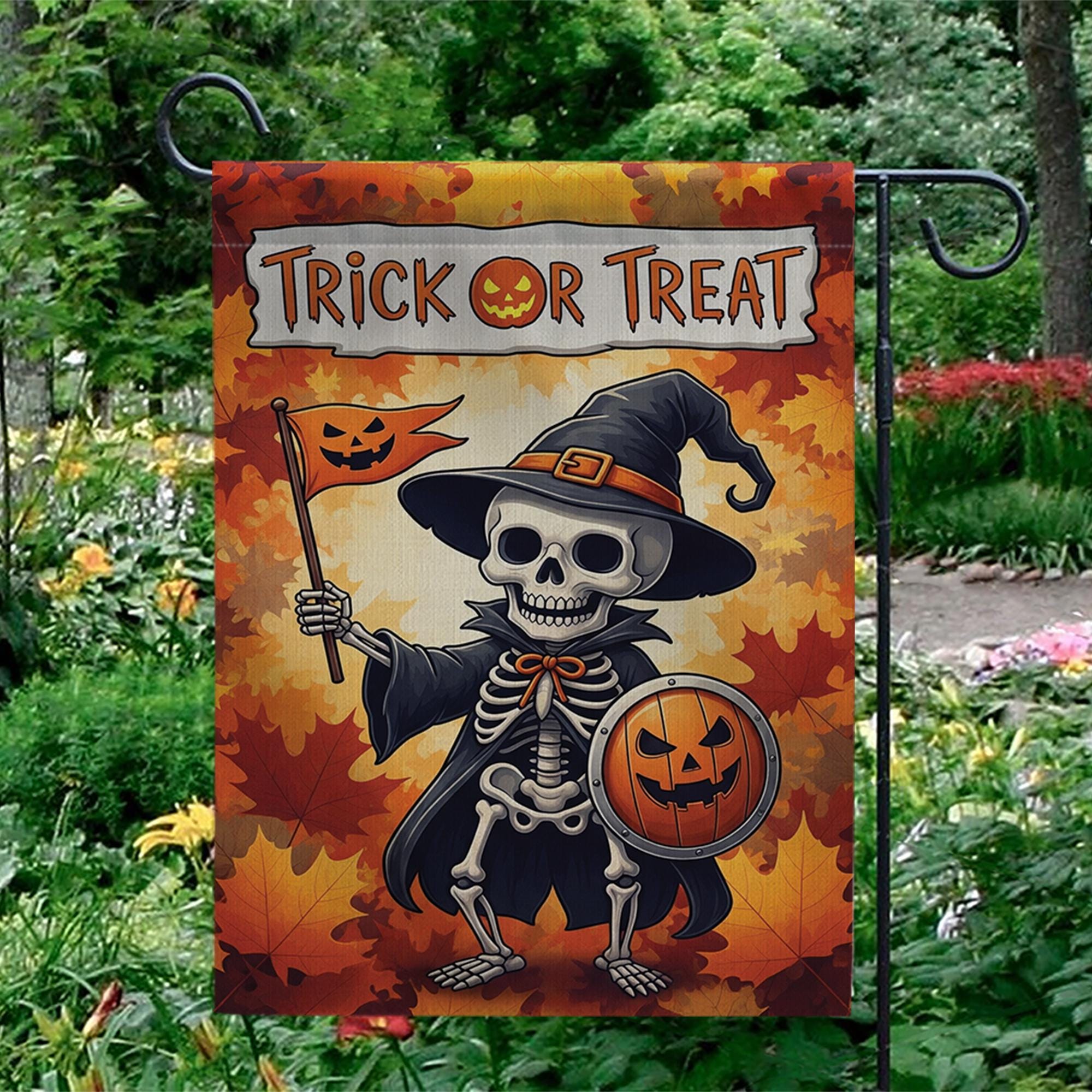 Trick or Treat Skeleton Garden Flag, Halloween Yard Decor, Spooky Fall Banner, Pumpkin Shield Outdoor Flag