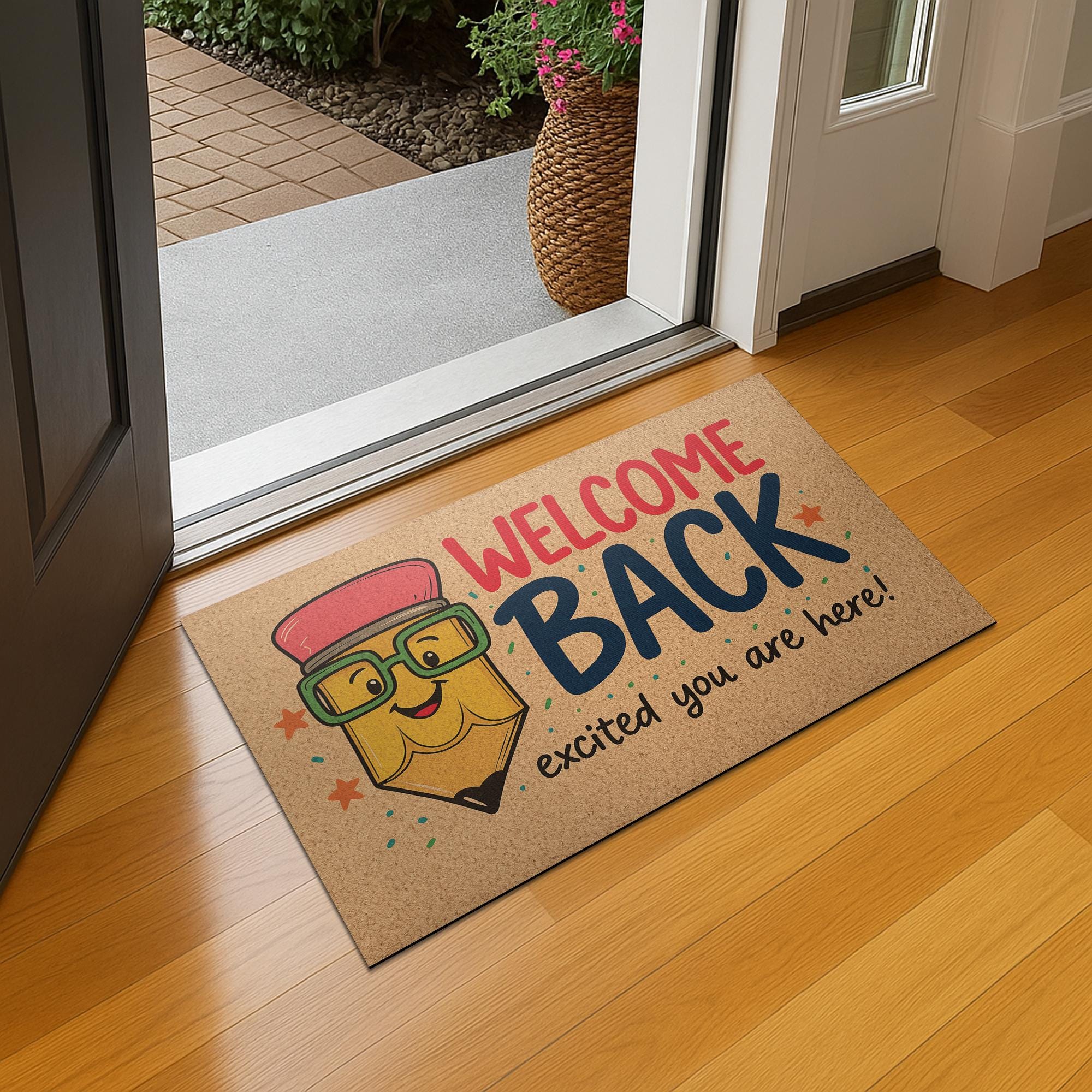 Welcome Back Teacher Doormat, Funny Pencil Classroom Rug, Back to School Entry Mat, Cute Teacher Decor, Excited You Are Here Mat