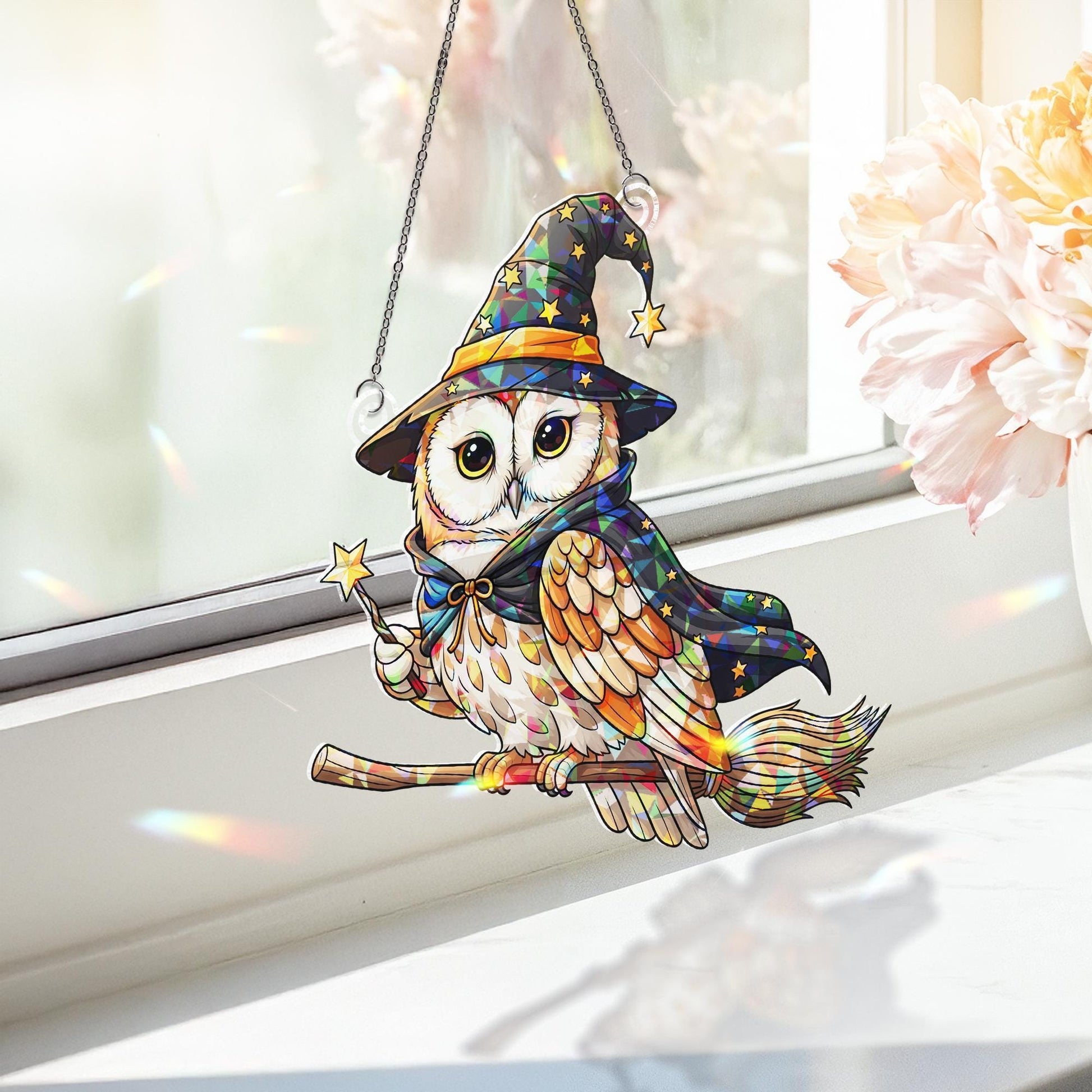Witchy Owl Suncatcher, Stained Glass Owl Decor, Halloween Window Hanging, Mystical Bird Gift, Wizard Owl Art