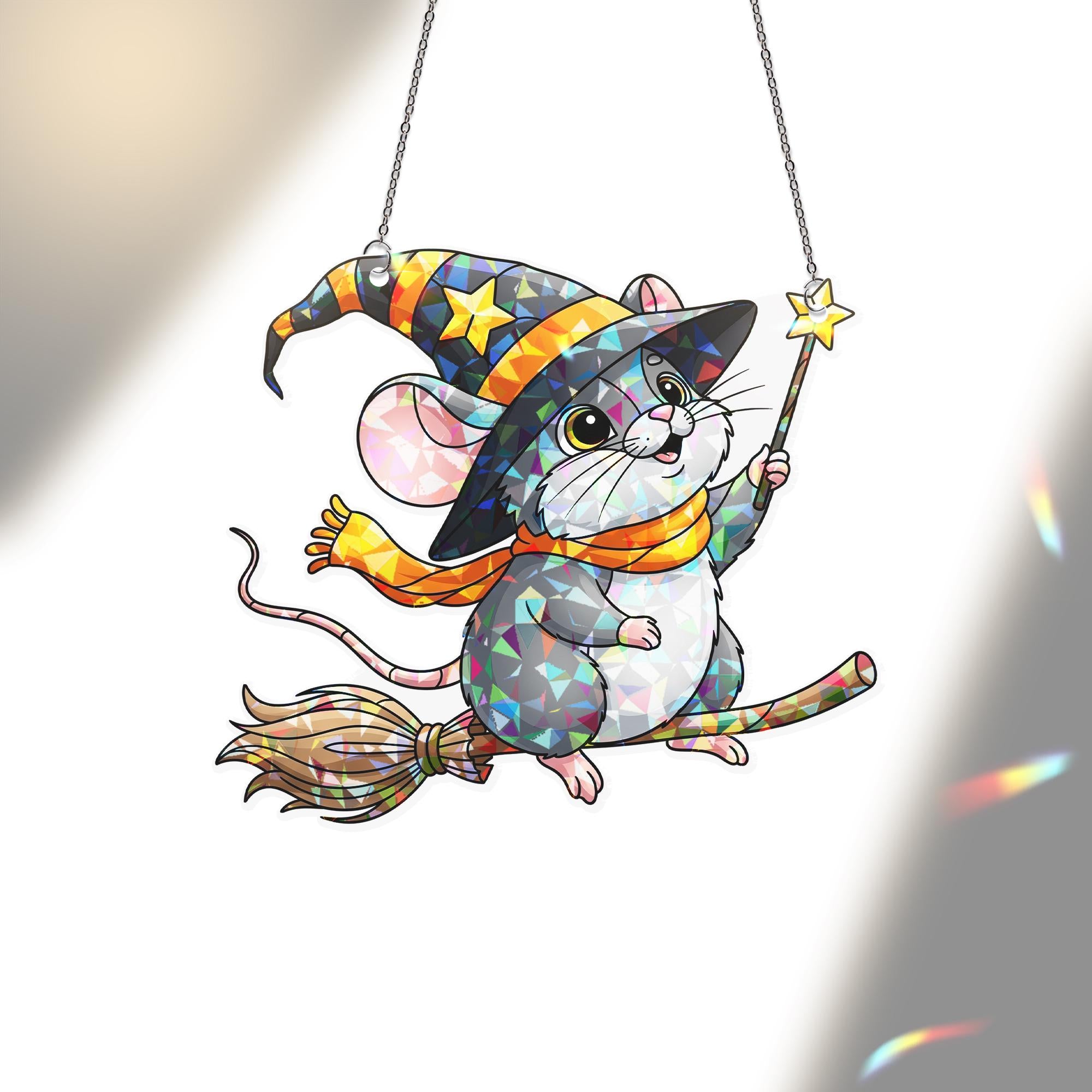 Witchy Mouse Suncatcher, Halloween Window Decal, Cute Animal Decor, Magic Mouse Art, Kid's Room Gift
