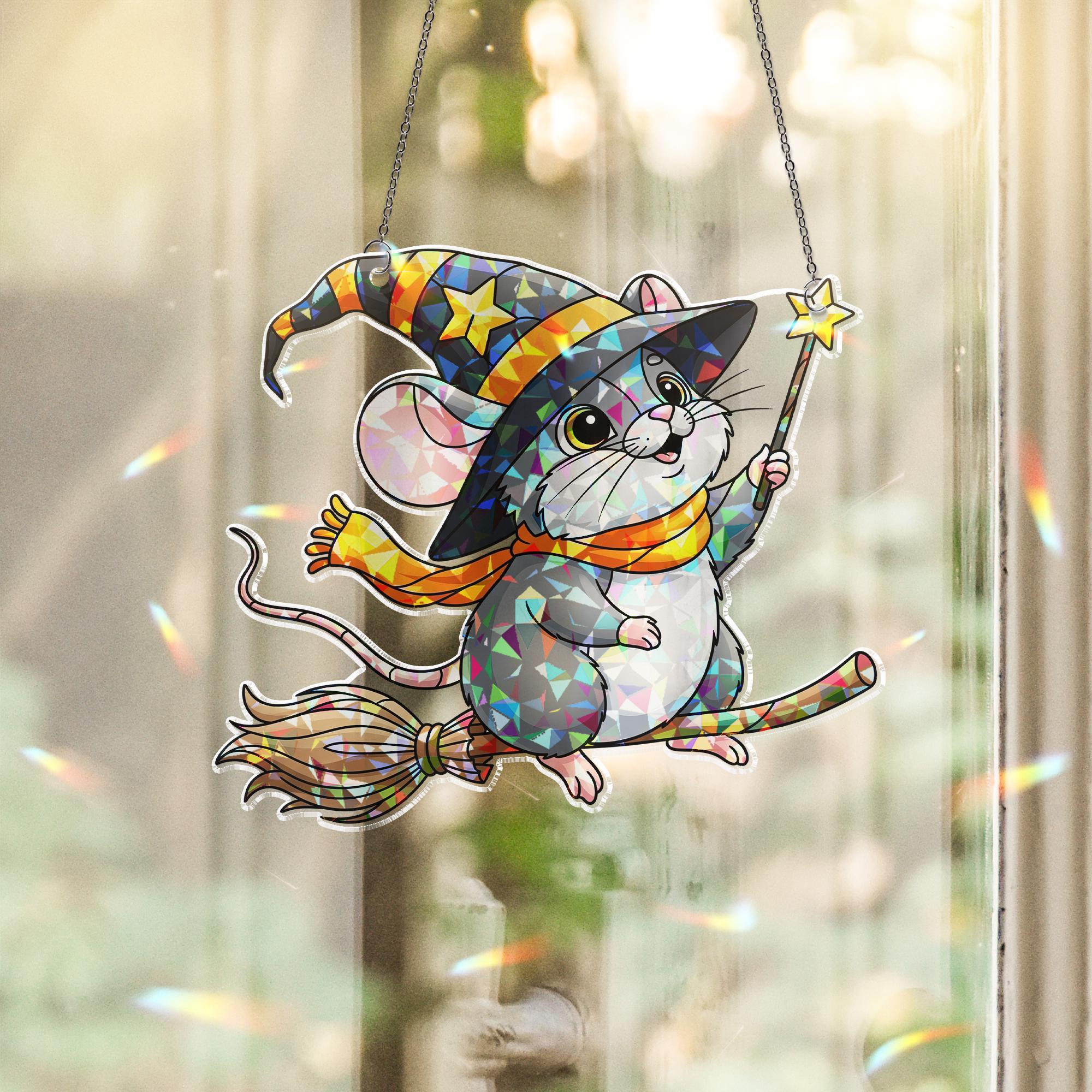 Witchy Mouse Suncatcher, Halloween Window Decal, Cute Animal Decor, Magic Mouse Art, Kid's Room Gift