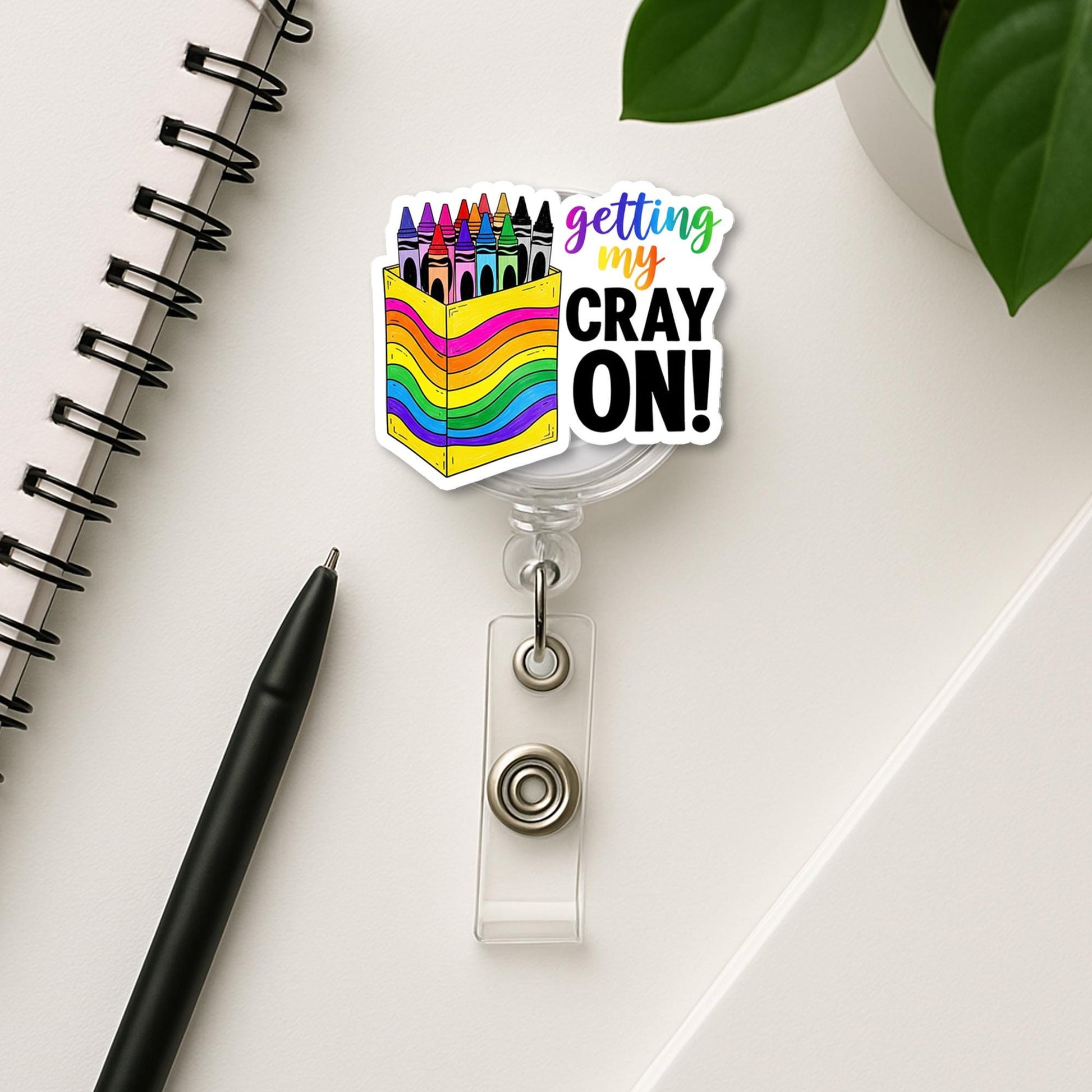 Getting My Cray On Badge Reel – Funny Rainbow Crayon Box ID Holder, Cute Teacher Gift or School Staff Accessory, Teacher Badge Clip