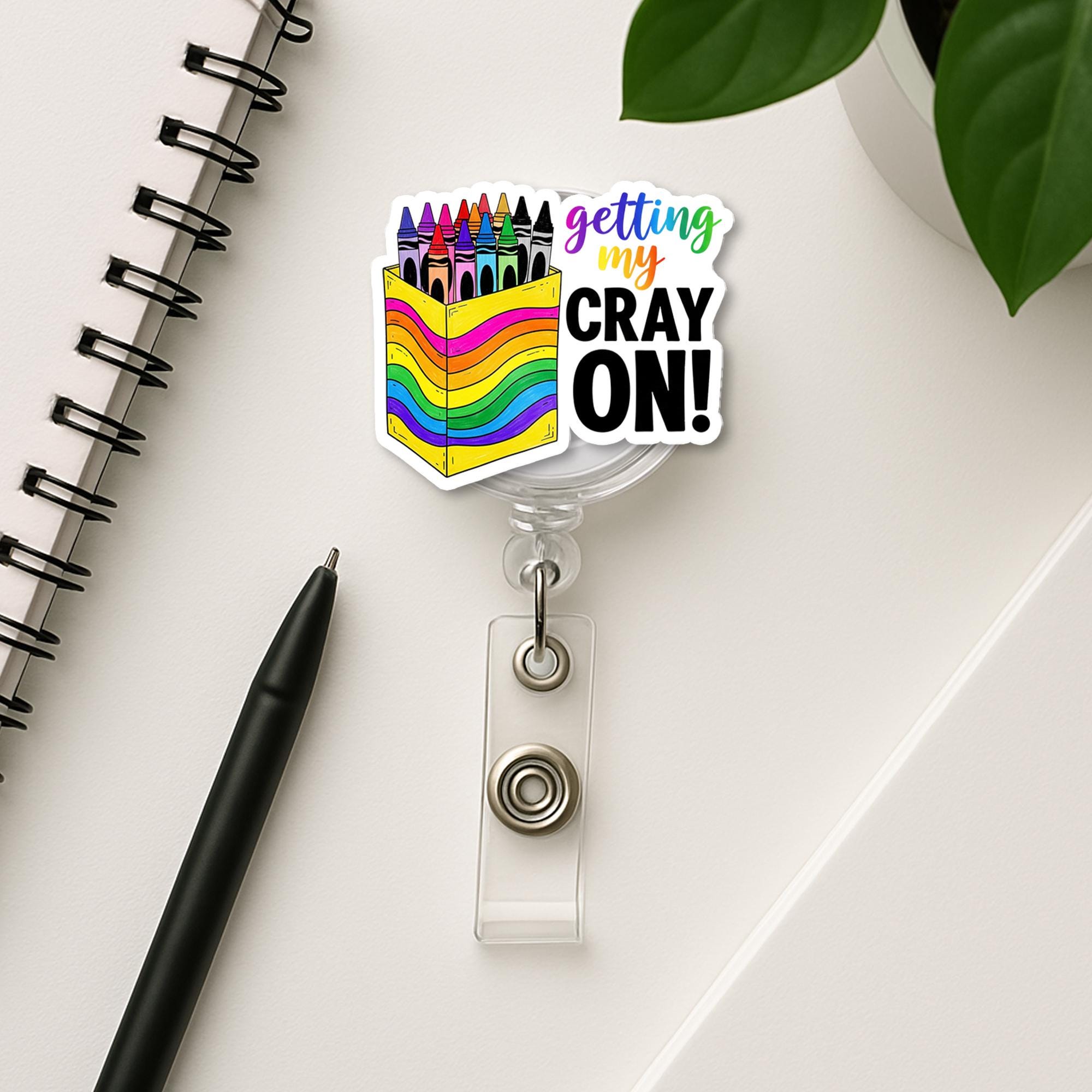 Getting My Cray On Badge Reel – Funny Rainbow Crayon Box ID Holder, Cute Teacher Gift or School Staff Accessory, Teacher Badge Clip