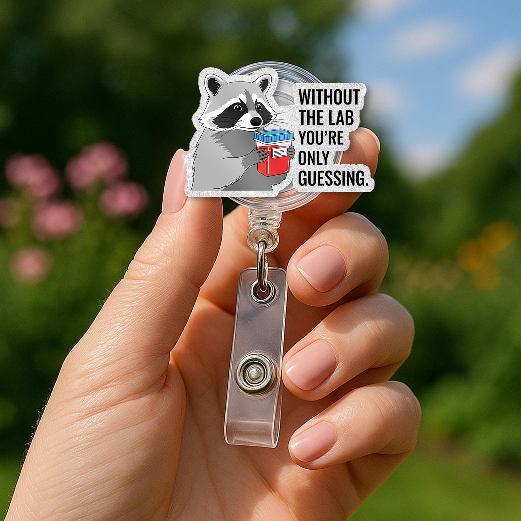 Funny Lab Badge Reel – Raccoon with Specimen Cup “Without the Lab You’re Only Guessing” ID Holder for Lab Techs & Nurses, Science Teachers