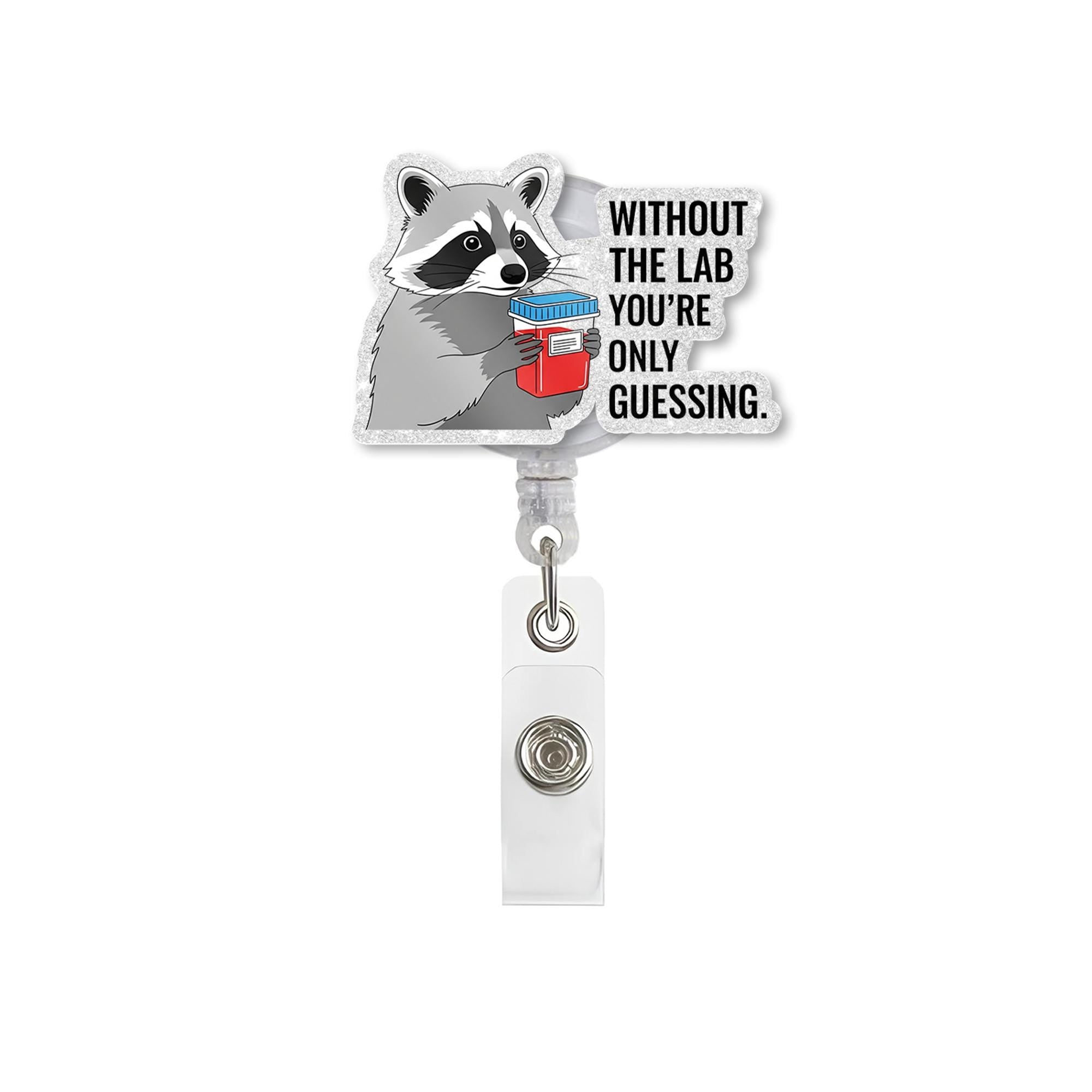Funny Lab Badge Reel – Raccoon with Specimen Cup “Without the Lab You’re Only Guessing” ID Holder for Lab Techs & Nurses, Science Teachers