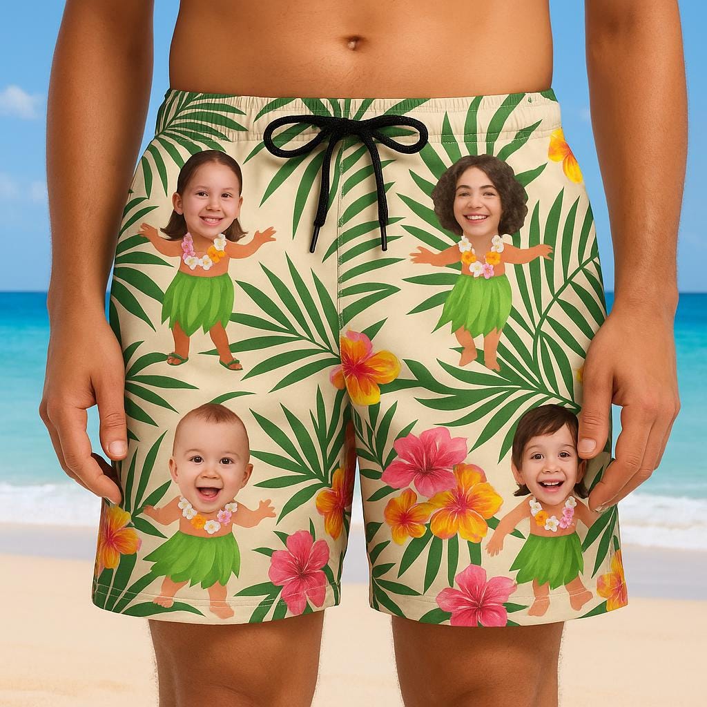 Custom Face Hawaiian unisex Shorts, Funny Personalized Family Hula Swim Trunks, Luau Photo Gift for Dad, Summer Beach Vacation Outfit