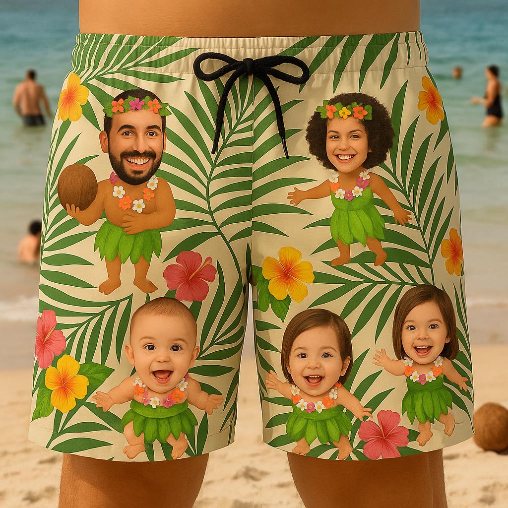Custom Face Hawaiian unisex Shorts, Funny Personalized Family Hula Swim Trunks, Luau Photo Gift for Dad, Summer Beach Vacation Outfit