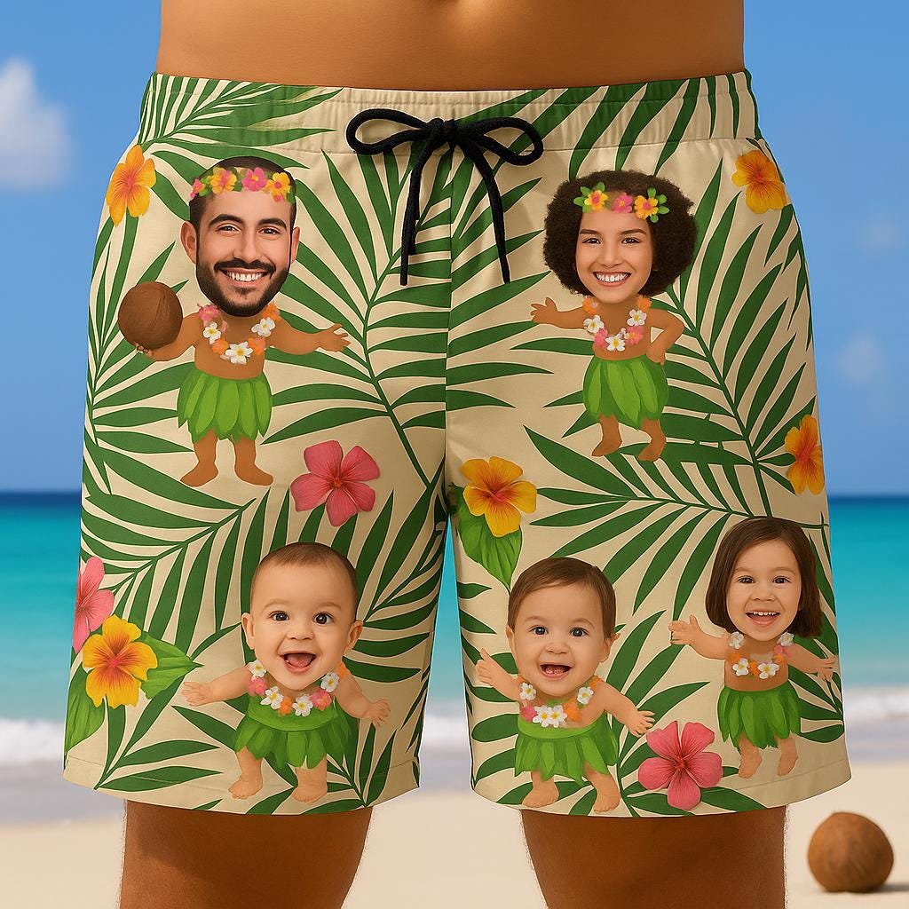 Custom Face Hawaiian unisex Shorts, Funny Personalized Family Hula Swim Trunks, Luau Photo Gift for Dad, Summer Beach Vacation Outfit