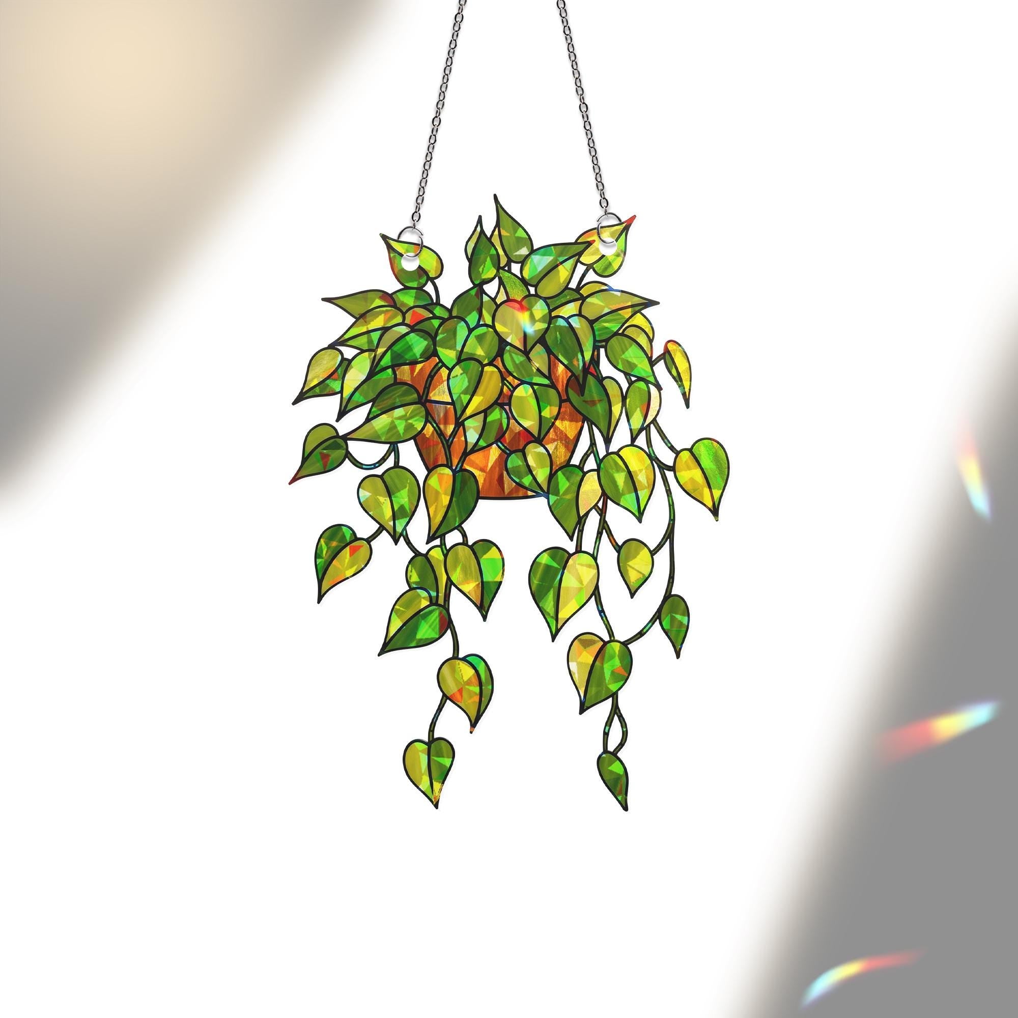 Pothos Plant Suncatcher, Holographic Acrylic Hanging Plant Decor, Greenhouse Window Art, Sun Catcher Gift for Plant Lovers