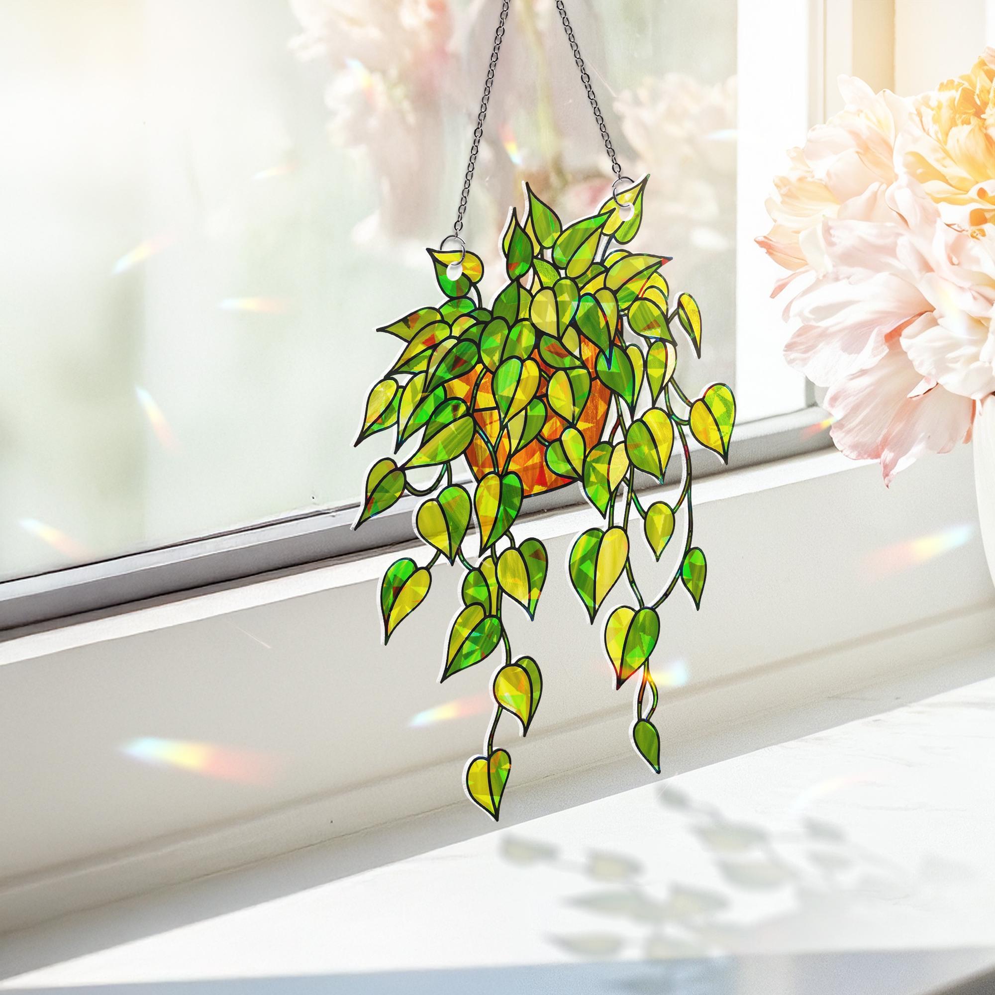 Pothos Plant Suncatcher, Holographic Acrylic Hanging Plant Decor, Greenhouse Window Art, Sun Catcher Gift for Plant Lovers