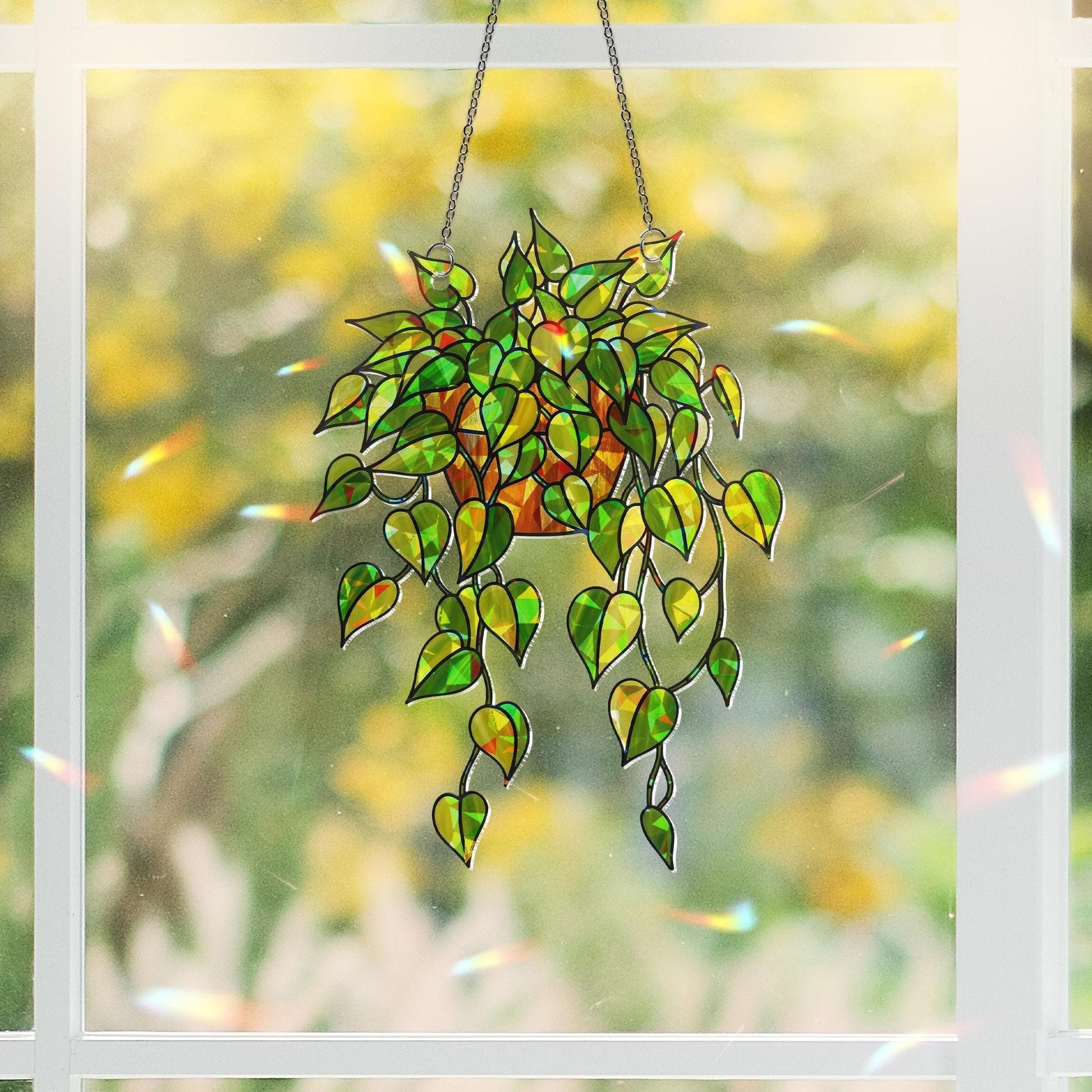 Pothos Plant Suncatcher, Holographic Acrylic Hanging Plant Decor, Greenhouse Window Art, Sun Catcher Gift for Plant Lovers