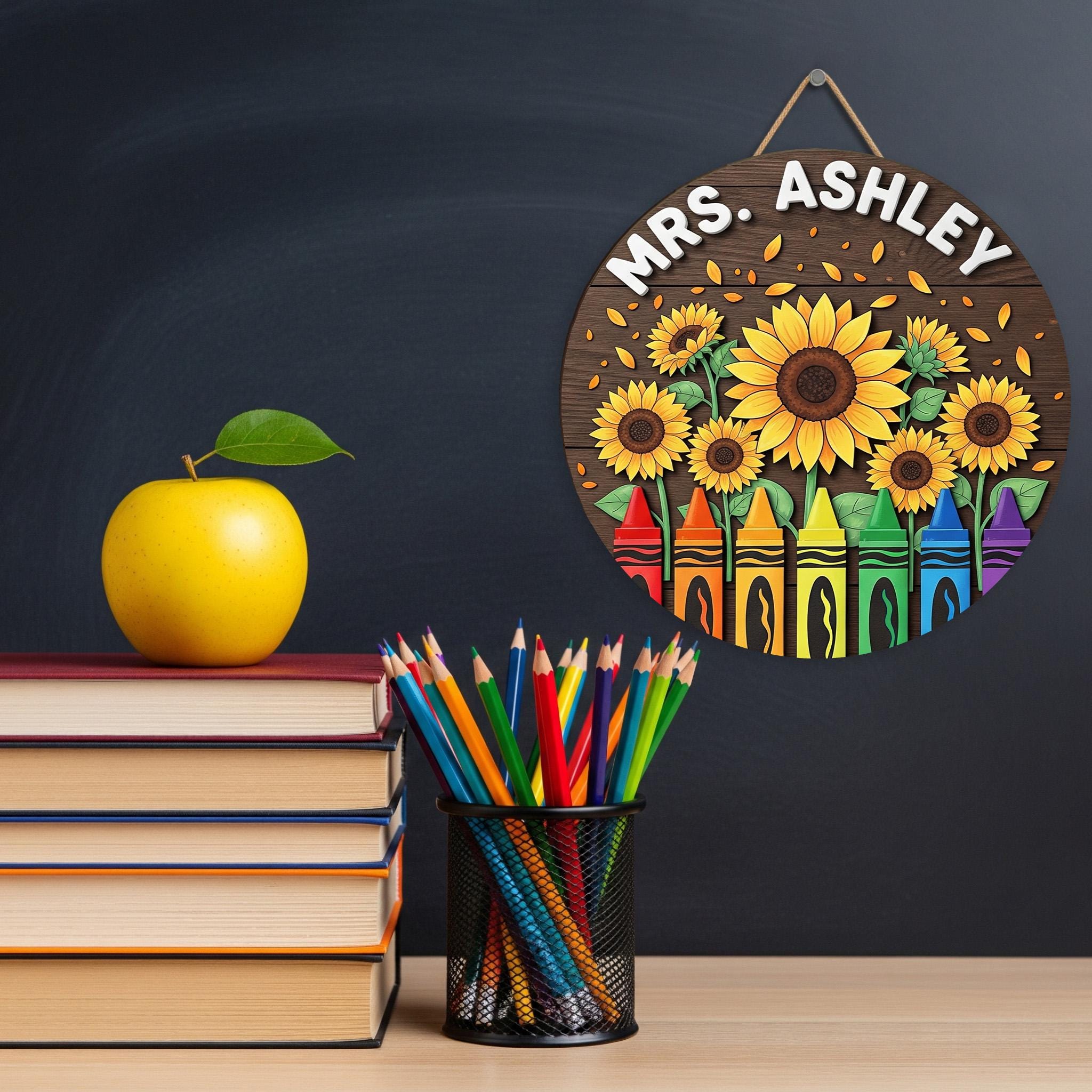 Personalized Teacher Sign with Sunflowers & Crayons – Custom Classroom Door Hanger – Wooden 2 Layer Back to School Gift