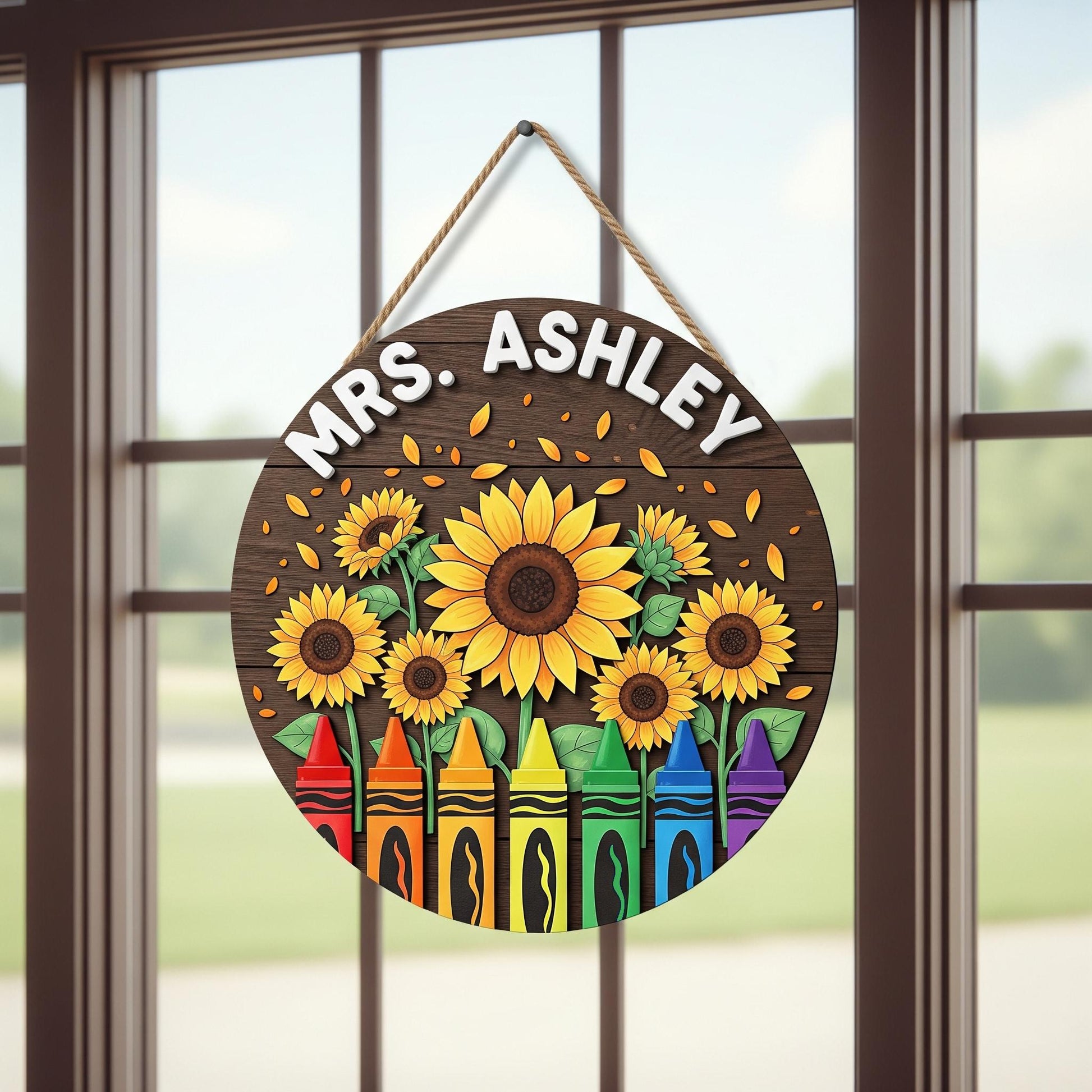 Personalized Teacher Sign with Sunflowers & Crayons – Custom Classroom Door Hanger – Wooden 2 Layer Back to School Gift