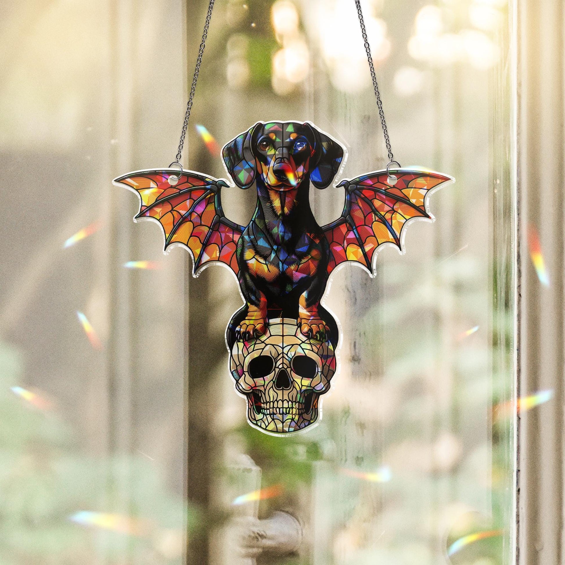 Holographic Bat Dachshund Suncatcher, Gothic Dog Window Decor, Skull Fantasy Acrylic Sun Catcher, Halloween Rainbow Gift