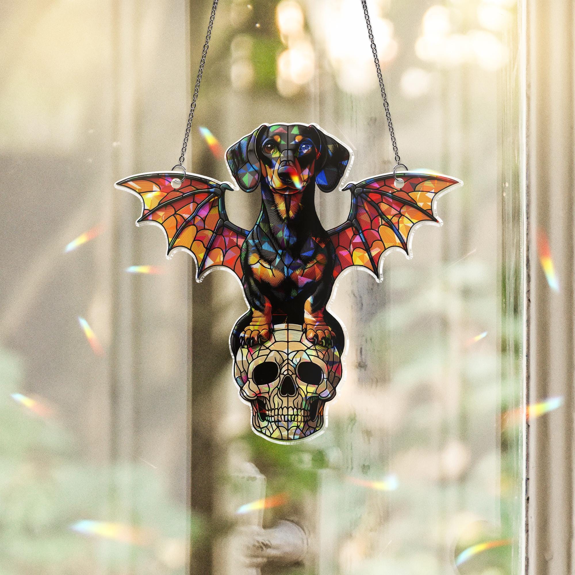 Holographic Bat Dachshund Suncatcher, Gothic Dog Window Decor, Skull Fantasy Acrylic Sun Catcher, Halloween Rainbow Gift
