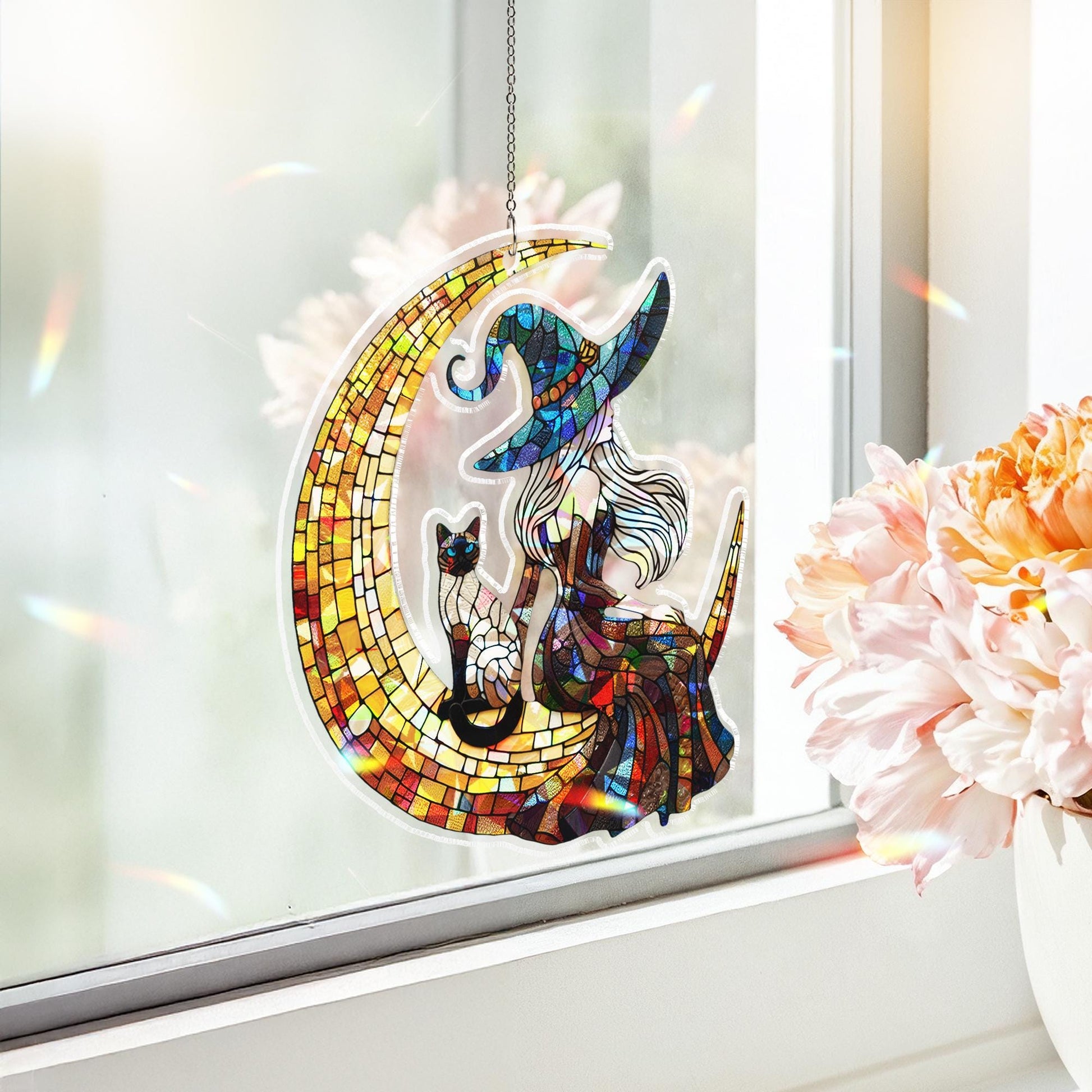 Holographic Witch Suncatcher, Crescent Moon Cat Window Decor, Acrylic home decor, Gothic Fantasy Sun Catcher Gift for Her