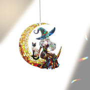 Holographic Witch Suncatcher, Crescent Moon Cat Window Decor, Acrylic home decor, Gothic Fantasy Sun Catcher Gift for Her