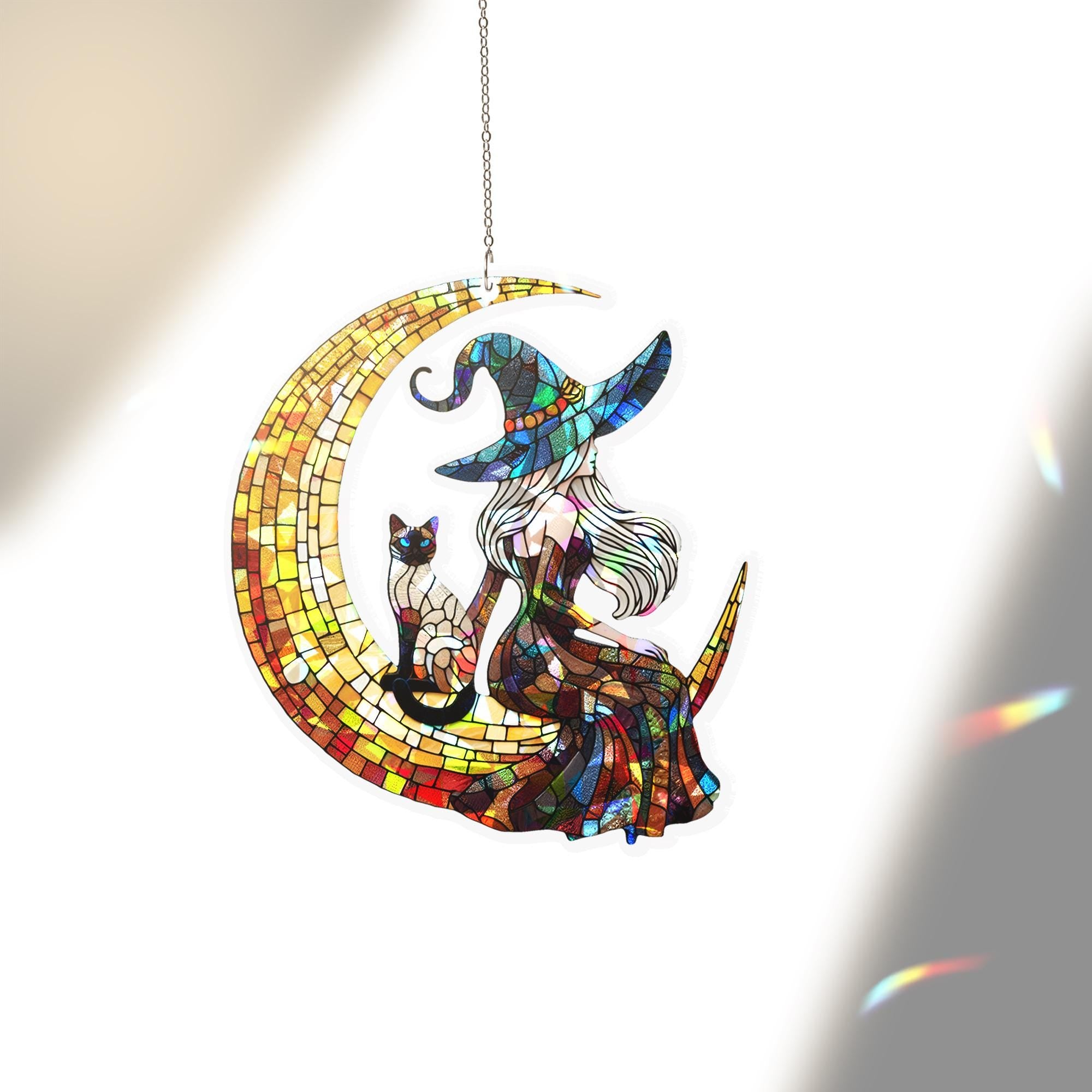 Holographic Witch Suncatcher, Crescent Moon Cat Window Decor, Acrylic home decor, Gothic Fantasy Sun Catcher Gift for Her