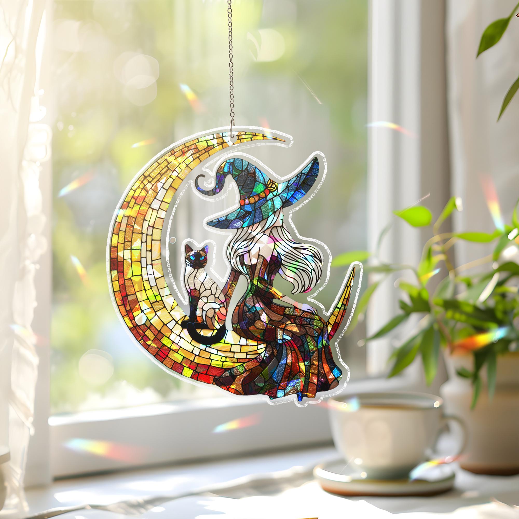 Holographic Witch Suncatcher, Crescent Moon Cat Window Decor, Acrylic home decor, Gothic Fantasy Sun Catcher Gift for Her
