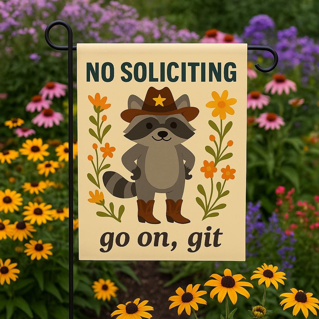 Funny No Soliciting Garden Flag, Cowboy Raccoon Yard Sign, Go On Git Porch Decor, Western Outdoor Welcome Flag with Animal Design