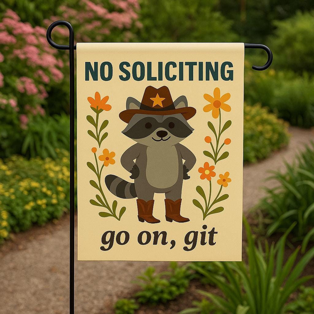 Funny No Soliciting Garden Flag, Cowboy Raccoon Yard Sign, Go On Git Porch Decor, Western Outdoor Welcome Flag with Animal Design