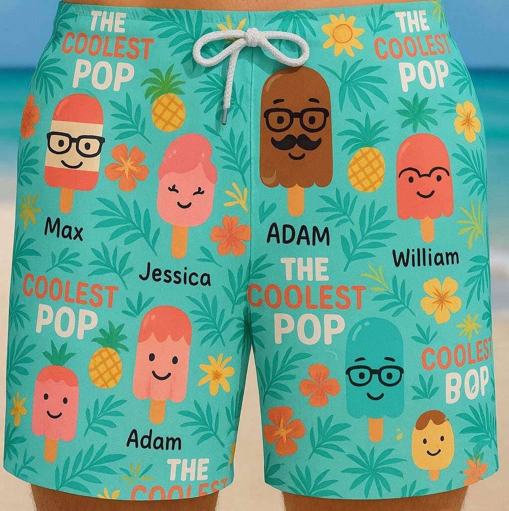 Custom Name Ice Pop Swim Shorts, Personalized Tropical Summer Trunks, Fun Family Beachwear, Cute Matching Pool Party Outfit