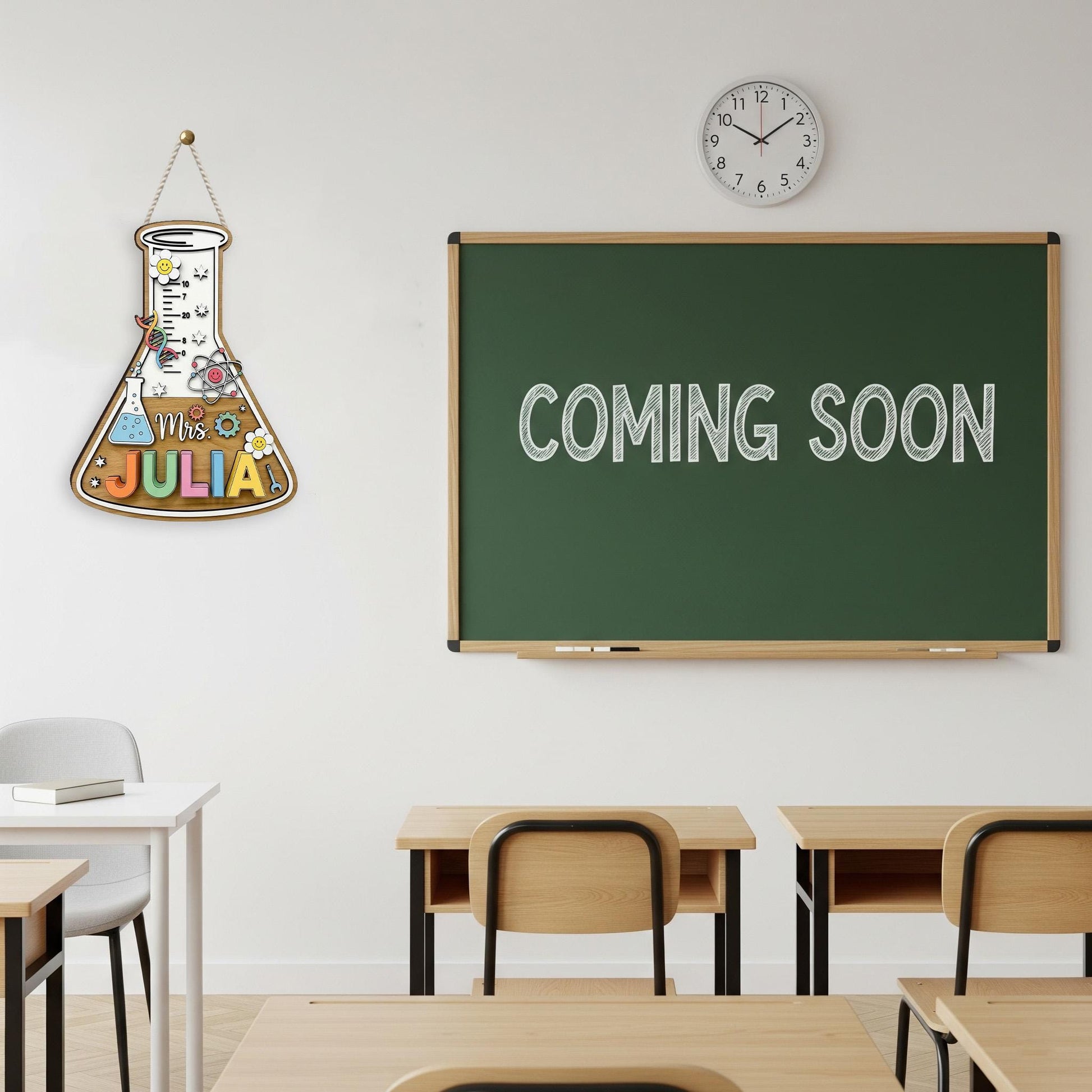Science Teacher Name Sign – Personalized Beaker Wall Decor – Wooden 2 Layer Classroom Sign – Custom STEM Gift for Teachers