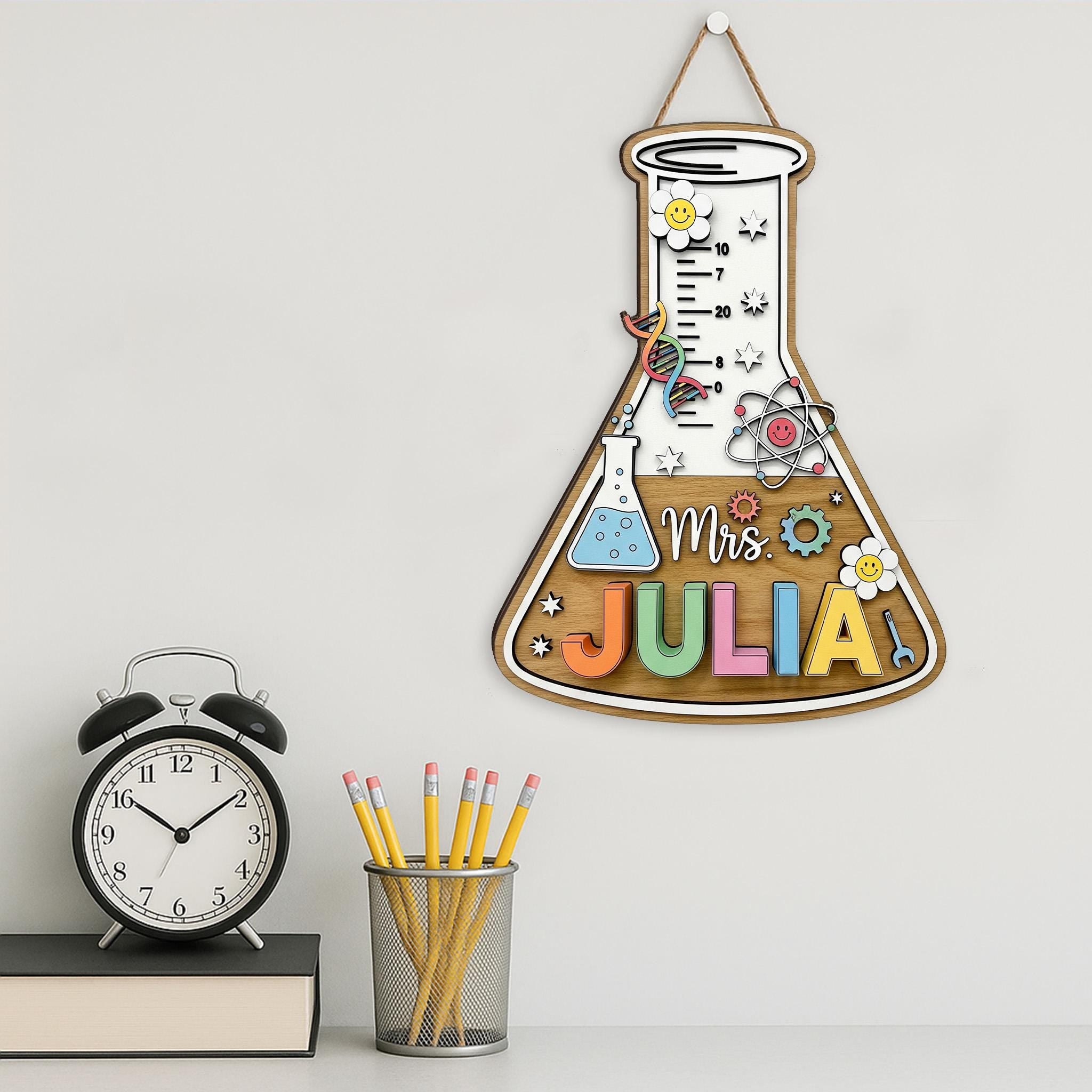 Science Teacher Name Sign – Personalized Beaker Wall Decor – Wooden 2 Layer Classroom Sign – Custom STEM Gift for Teachers