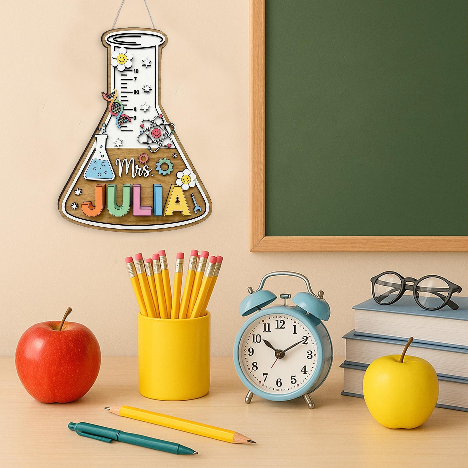 Science Teacher Name Sign – Personalized Beaker Wall Decor – Wooden 2 Layer Classroom Sign – Custom STEM Gift for Teachers